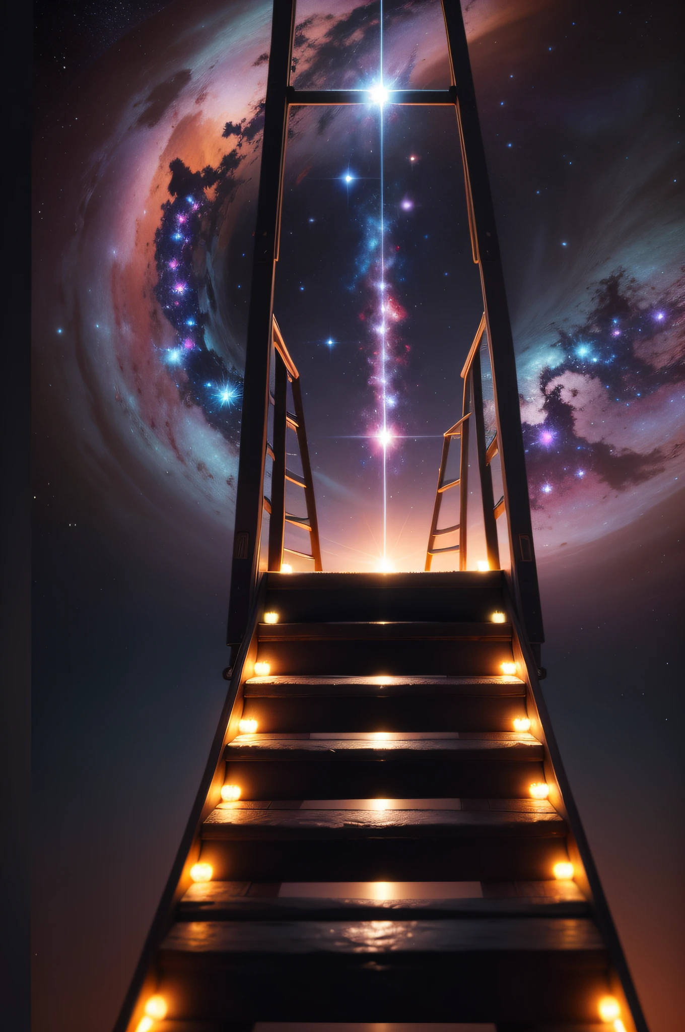 Ladder leading to cosmic light, arte exuberante, luzes estelares, nebulosas, riqueza de detalhes, 8k