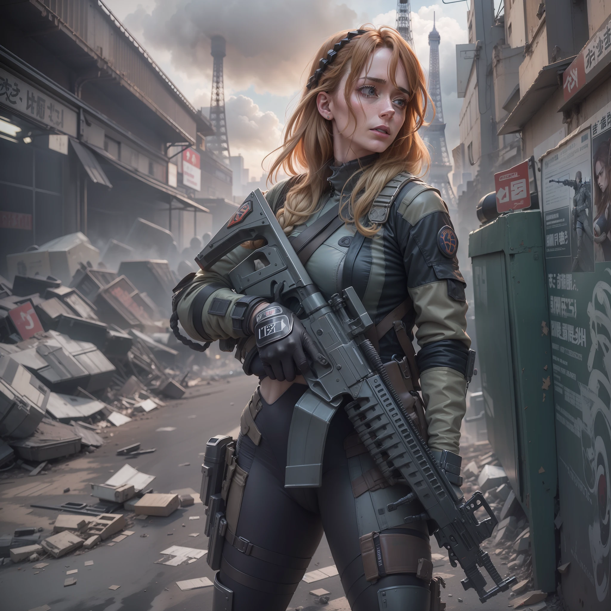 Emily Blunt, 25 anos, (Dutch braided hair), com Asuka Langley bodysuit, behind a barricade, carrying a laser assault rifle in his hands, dinamic poses, olhar serio, Combates intensos, foto de corpo inteiro, Cyberpunk, mega tokyo, Fires and smoke, Nokia camera, modelshoot, corpo atletico, Post-apocalyptic Paris, Eiffel Tower destroyed, dia