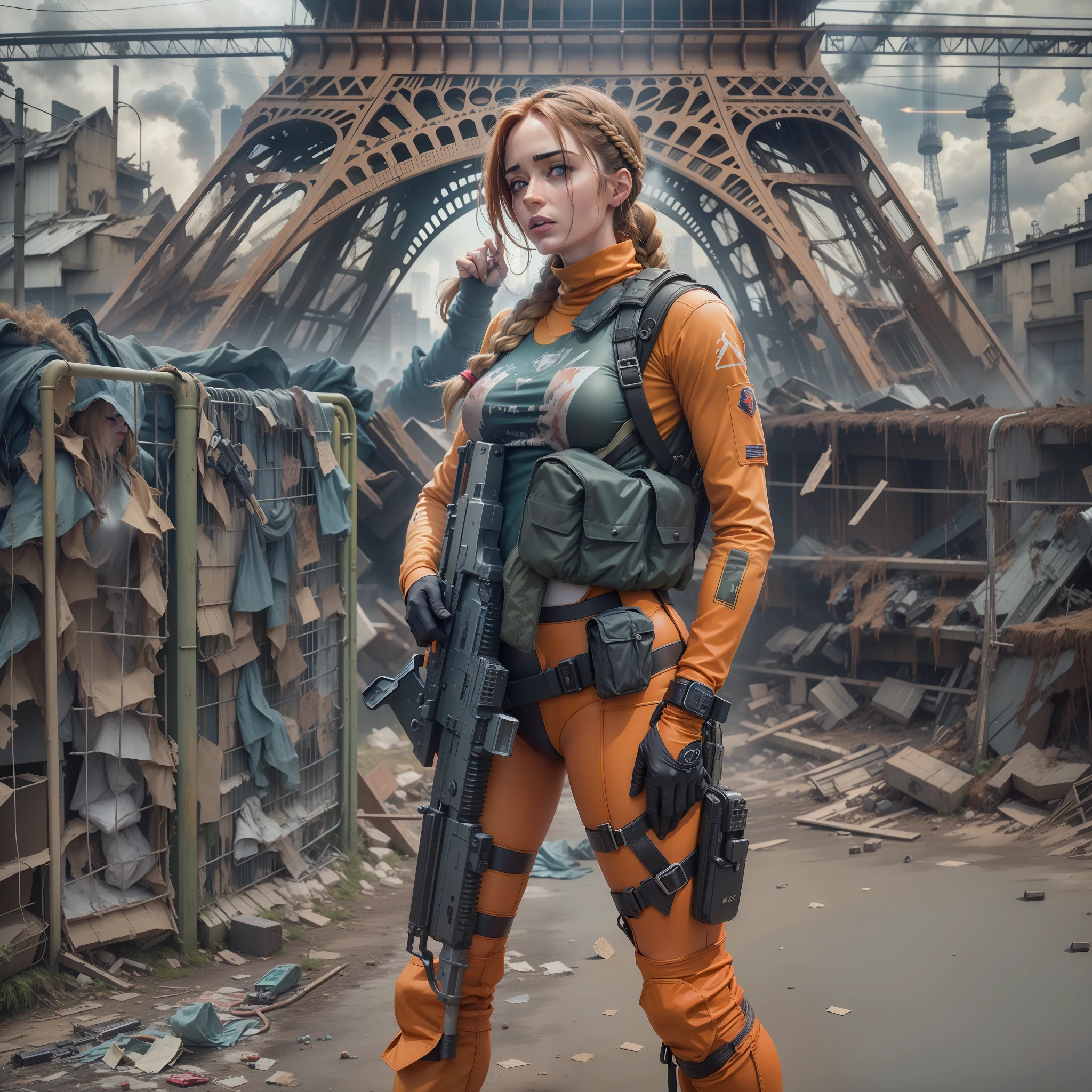 Emily Blunt, 25 anos, (Dutch braided hair), com Asuka Langley bodysuit, behind a barricade, carrying a laser assault rifle in his hands, dinamic poses, olhar serio, Combates intensos, foto de corpo inteiro, Cyberpunk, mega tokyo, Fires and smoke, Nokia camera, modelshoot, corpo atletico, Post-apocalyptic Paris, Eiffel Tower destroyed, dia