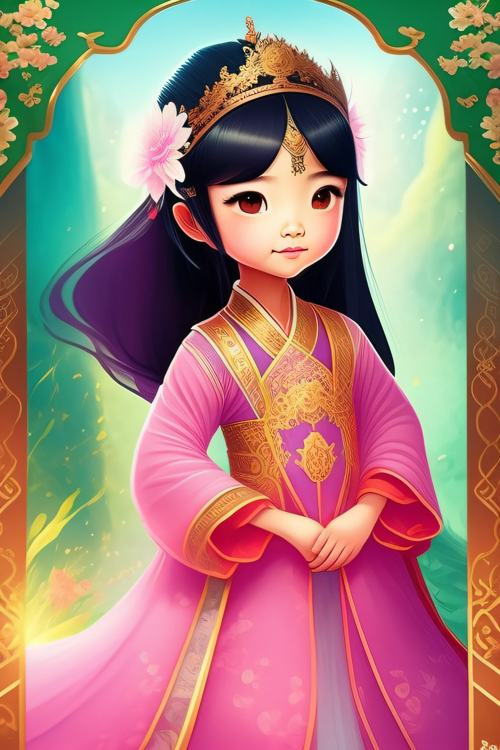 crie um personagem para um livro infantil de uma princesa da china de 6 anos,com os olhos escuros, cabelo curto, fofa e bem destemida