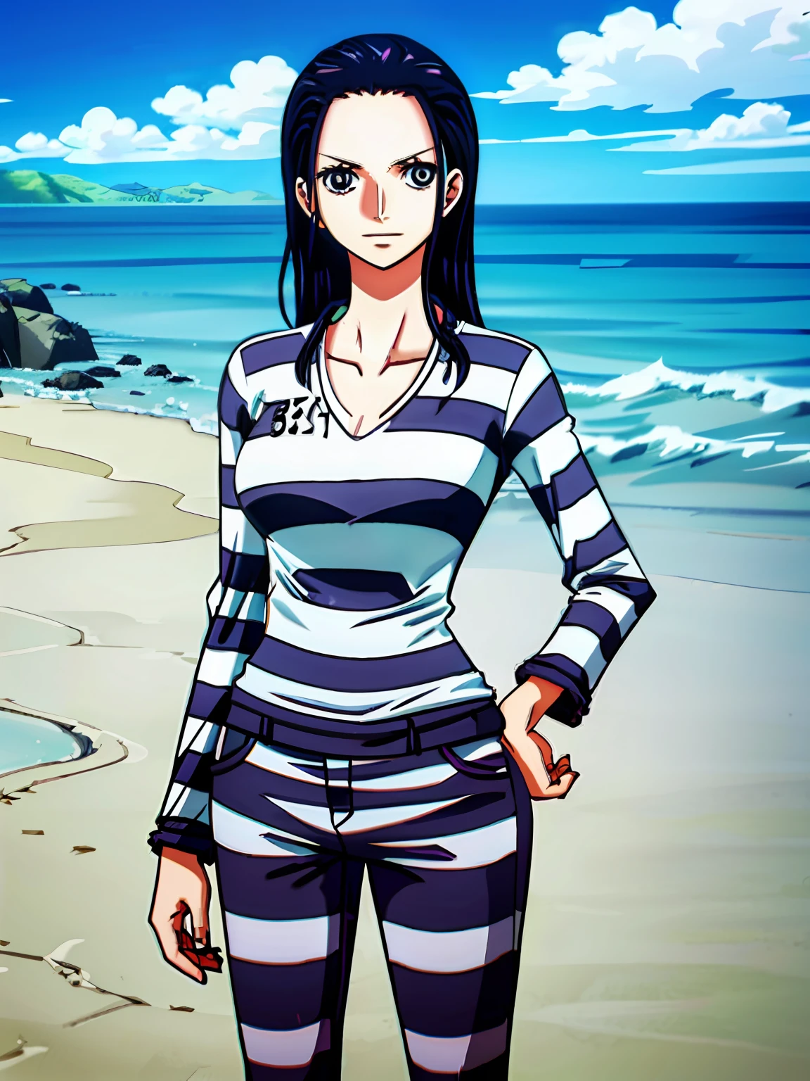 1girl, (shapely body), (solo), 30 years old,  hdr, beach, nico robin, priclothes, striped clothes, prisoner, clothes, clothing, outfit, pants, long sleeves,