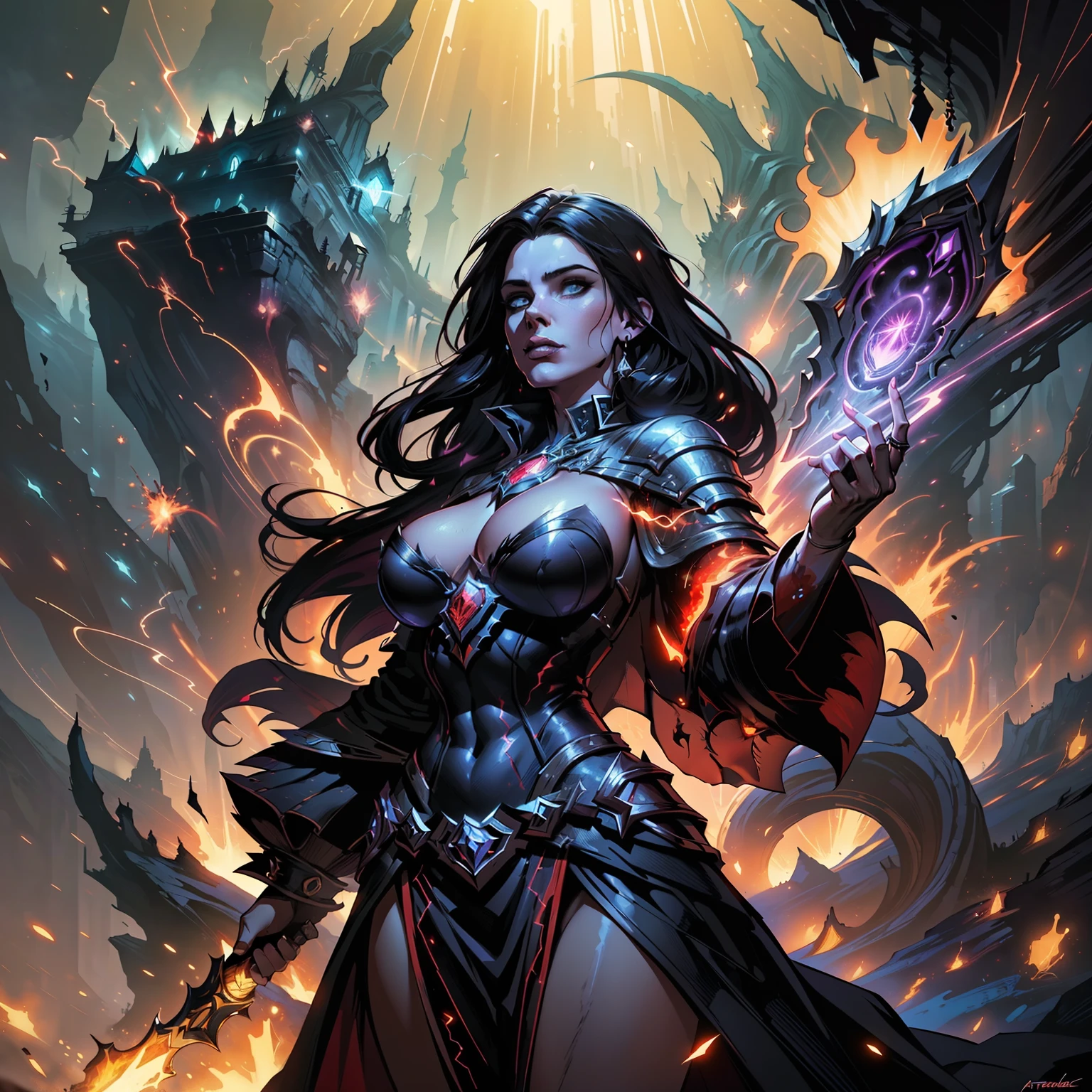 breathtaking concept art ((legendary dark mage lord)), black coat. (cave scenery), dark atmosphere, (vibrant colors), ((red sparks coming from the eyes)), eyecatching, mysterious and scary, dark fog, cave light, hd, 8k, masterpiece, trending on artstation, (depth of field), lot of details, highly detailed, style of Greg Rutkowski and Bastien Lecouffe-Deharme, award-winning, professional, highly detailed,large breasts