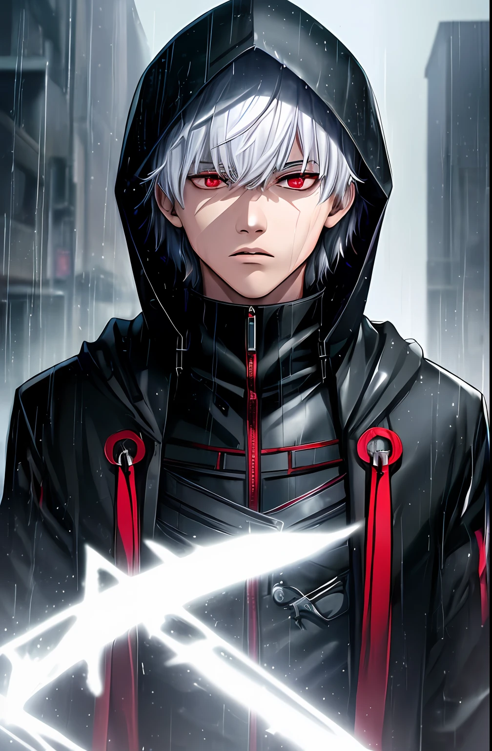 kk, best quality, more details, masterpiece, 1boy, kaneki ken, portrait, male focus, red eyes, solo, bangs, looking at viewer, hood, short hair, rain, tokyo tokyo \(city\), hood up, nail polish, white hair, luxurious, 8k, detailed, ray tracing, depth of field, cinematic lighting,