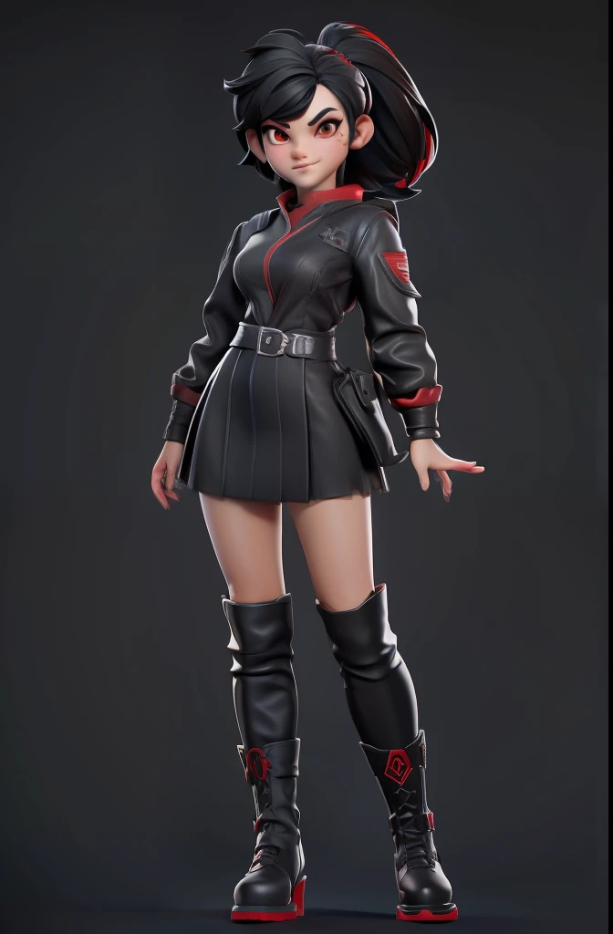different angles, character sheet, mascot, human, female, black hair, cartoon style, black and red clothing colors, black boots, 3d, render, white background, 8k, 4k, full hd, perfect