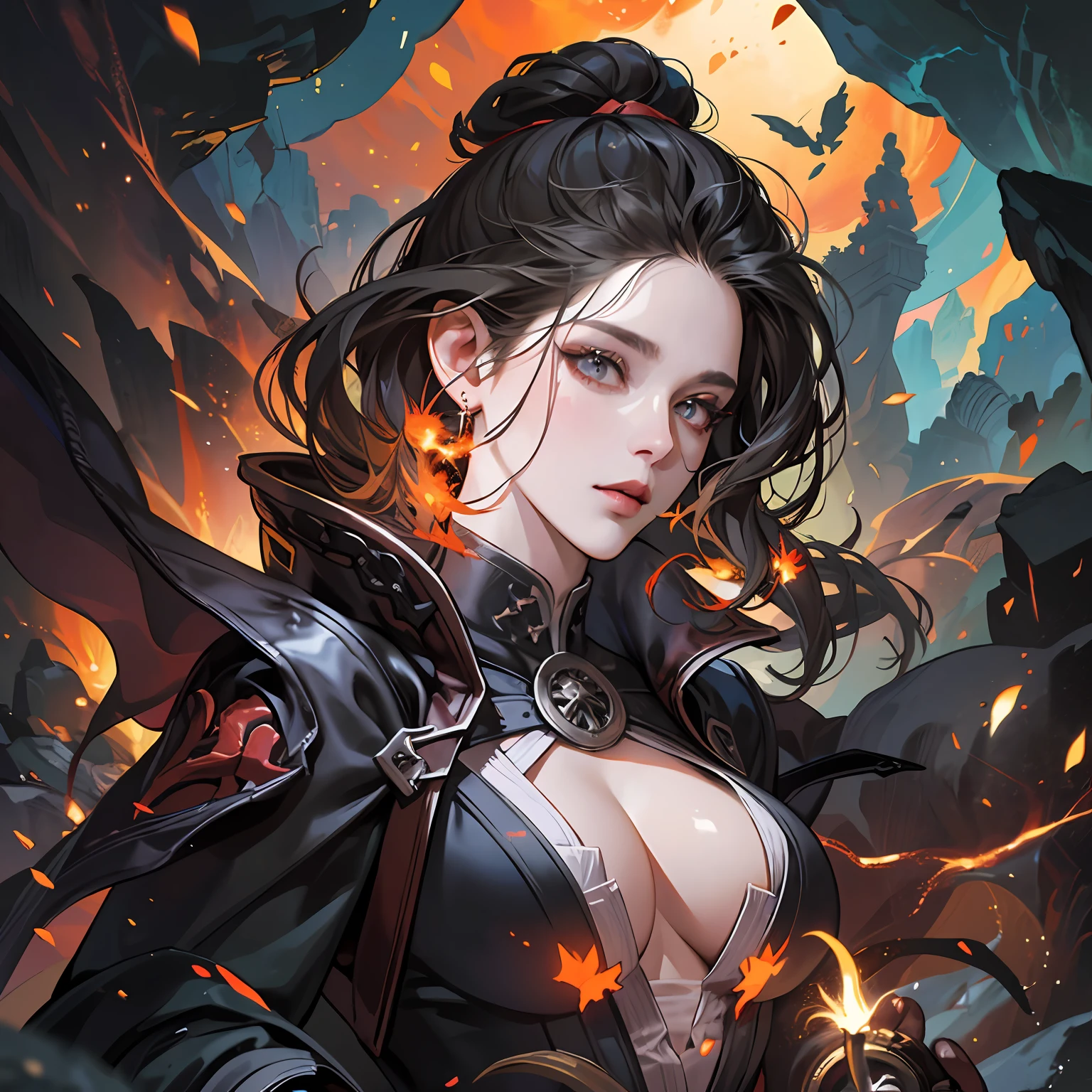 breathtaking concept art ((legendary dark mage lord)), black coat. (cave scenery), dark atmosphere, (vibrant colors), ((red sparks coming from the eyes)), eyecatching, mysterious and scary, dark fog, cave light, hd, 8k, masterpiece, trending on artstation, (depth of field), lot of details, highly detailed, style of Greg Rutkowski and Bastien Lecouffe-Deharme, award-winning, professional, highly detailed,large breasts