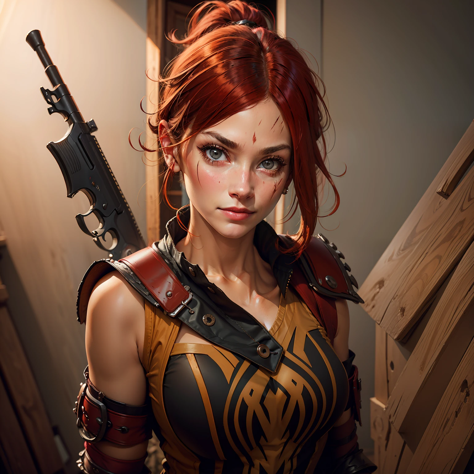 red haired pretty woman, holding gun, short ponytail, two scars across eye, white eyes, smug expression, black top and red, portrait, medieval times, scar across eye, dreadlocks, drop shadow, sideways, rotated, wide shot, high detail, anatomically correct, masterpiece, highres, high quality, high details, 8k, retina