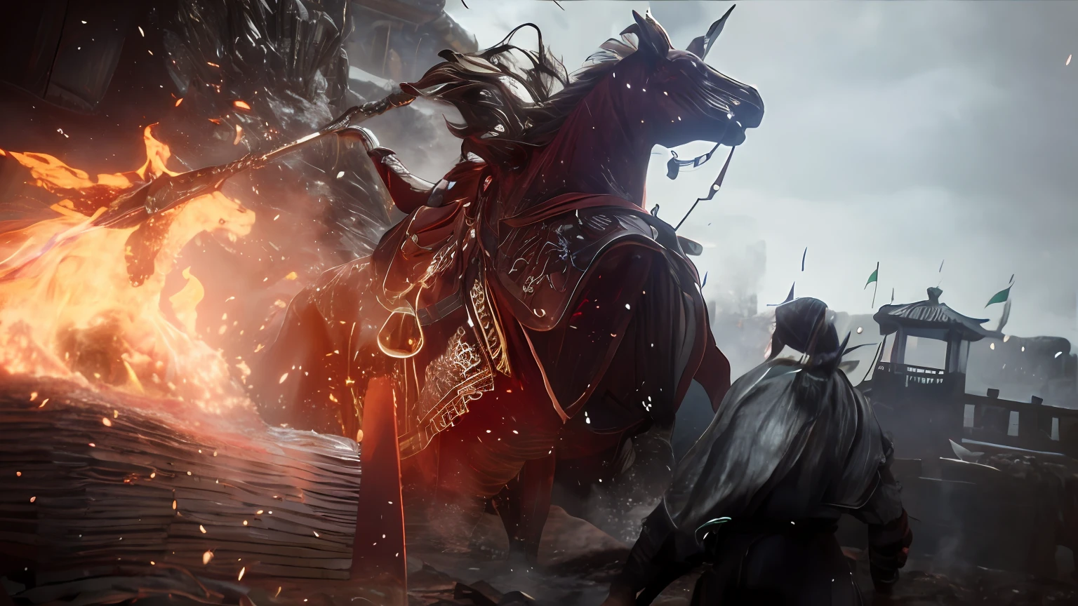 The rider's Araffed horse in front of the fire, ax, inspired by Kanō Hōgai, as trending on artstation, trending on artstationh.', trending on artstationhq, trending on artstationh, sekiro in bloodborne world, by Yang J, ghost of tsushima, best of artstation