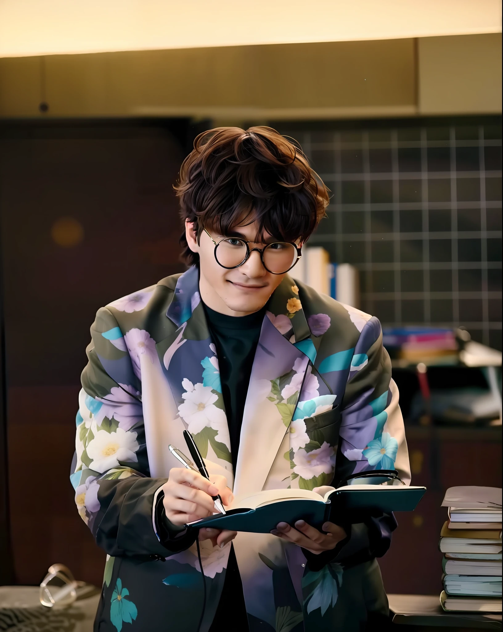 There was a man writing on a book, Medium fluffy hairstyle,Wear a floral suit,wears glasses,Look down at the book,Bite the cap of the pen in his mouth,Handsome young man,Hands are good-looking,Strong