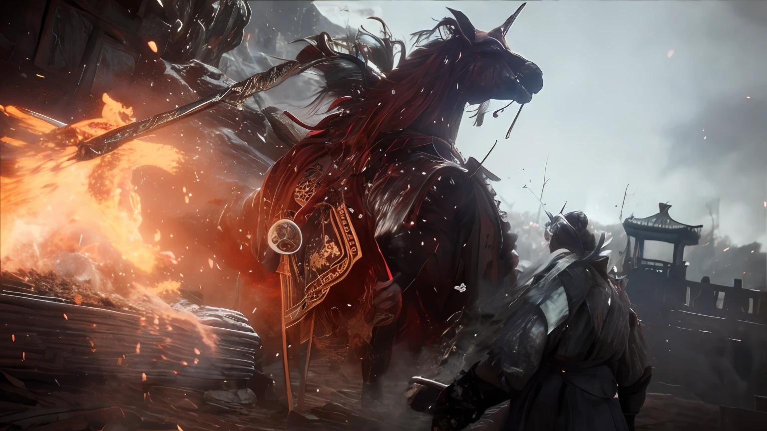 The rider's Araffed horse in front of the fire, ax, inspired by Kanō Hōgai, as trending on artstation, trending on artstationh.', trending on artstationhq, trending on artstationh, sekiro in bloodborne world, by Yang J, ghost of tsushima, best of artstation