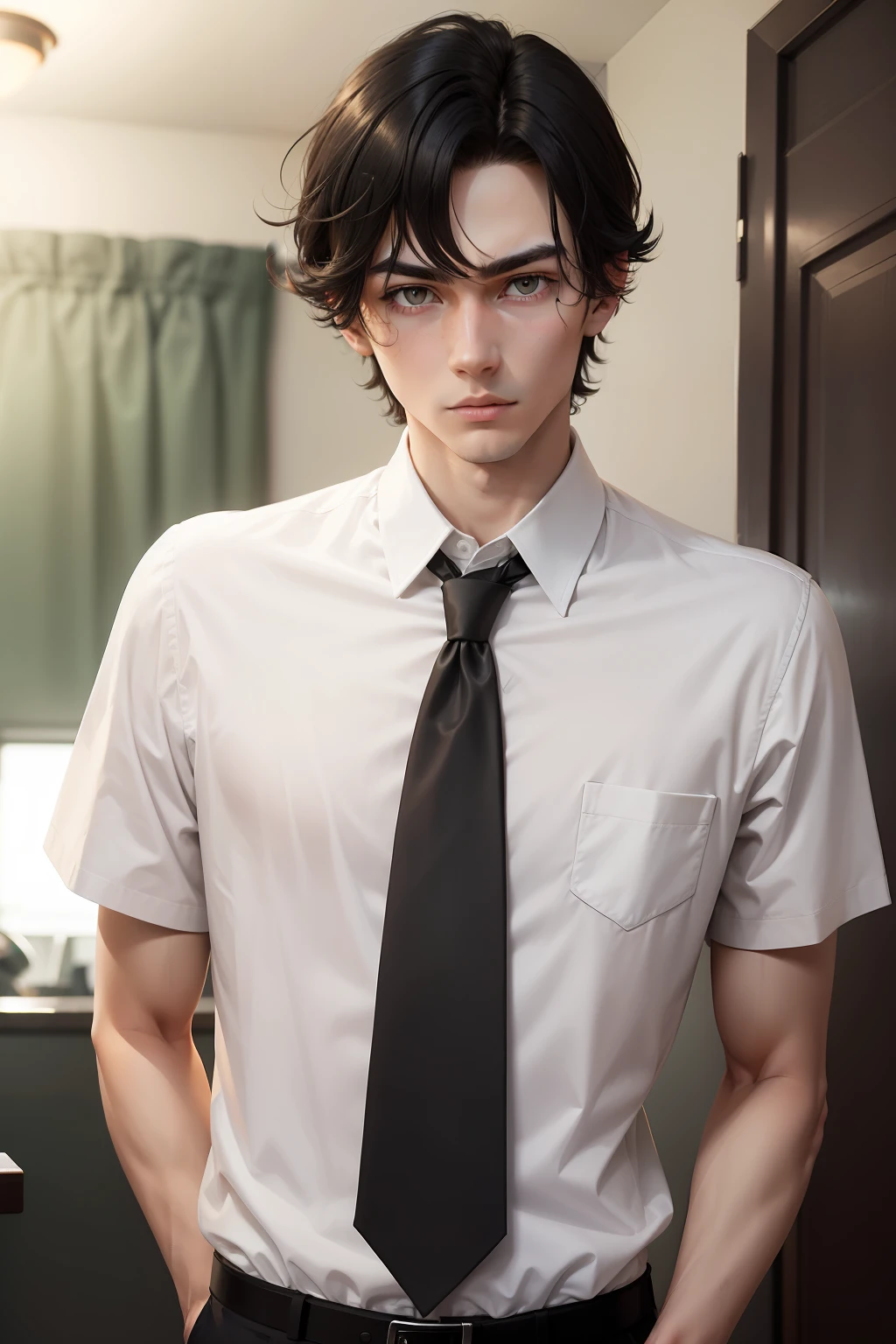 guy, black  hair, tousled, gray eyes, pale, ah high, lean, white  shirt, discontented, 17 yr old, green tie