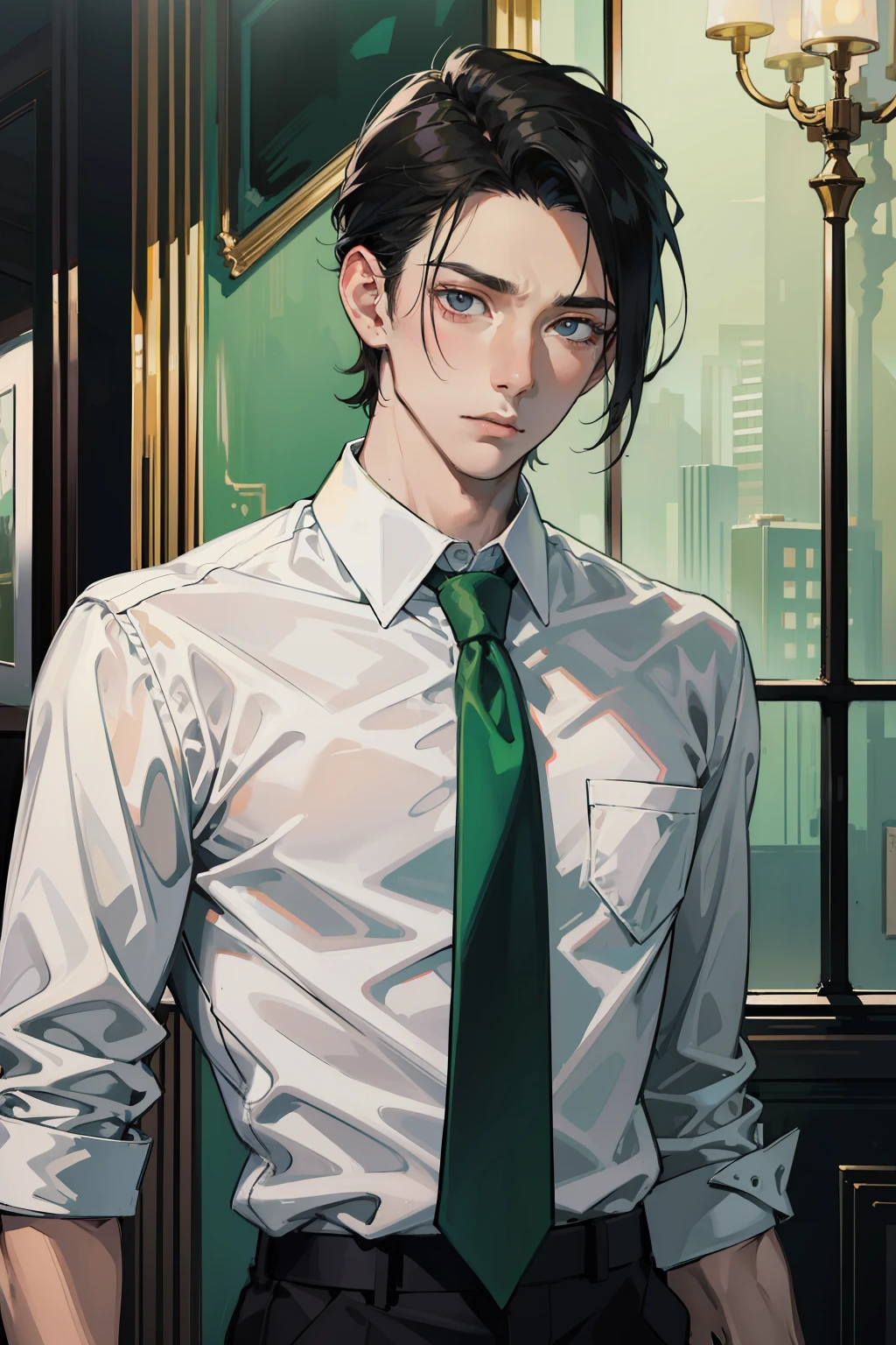 guy, black  hair, tousled, gray eyes, pale, ah high, lean, white  shirt, discontented, 17 yr old, green tie