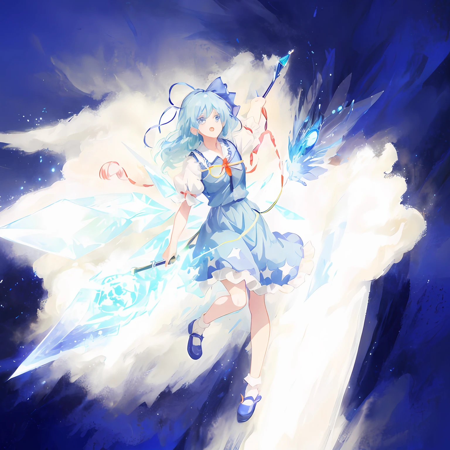 Anime girl with blue hair and blue dress flying in the air, cirno from touhou, cirno touhou, cirno, from touhou, an anime portrait of cirno, touhou character, Anime epic artwork, Digital art on Pixiv, Anime fantasy illustration, sky witch, ethereal anime, style of anime4 K, Anime fantasy artwork, touhou project