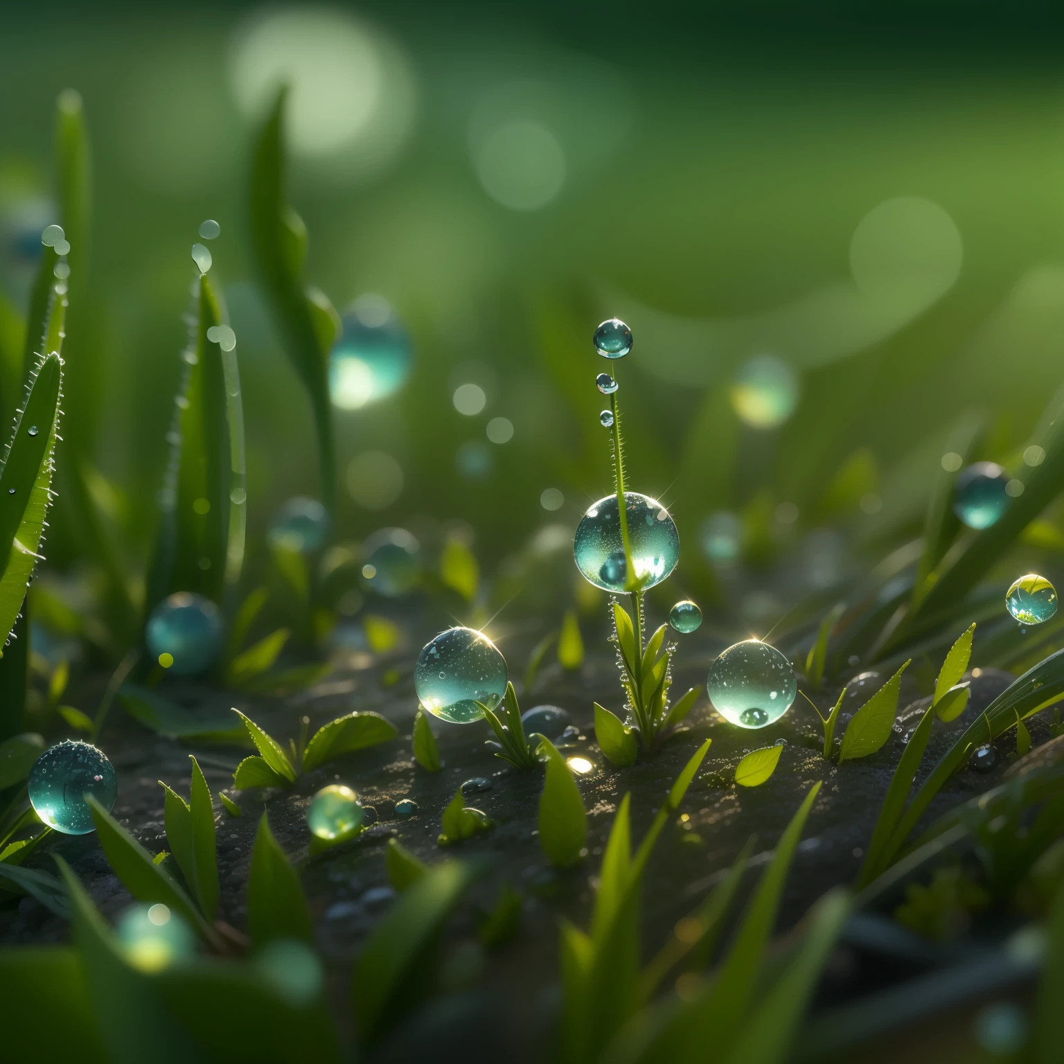 morning, Macro photo, Dew drops on the grass, (The whole world is in a drop of dew), ((In a drop of dew)), The whole world is reflected in a drop, dawning, Beautiful landscape, 真实感, hiquality, higly detailed