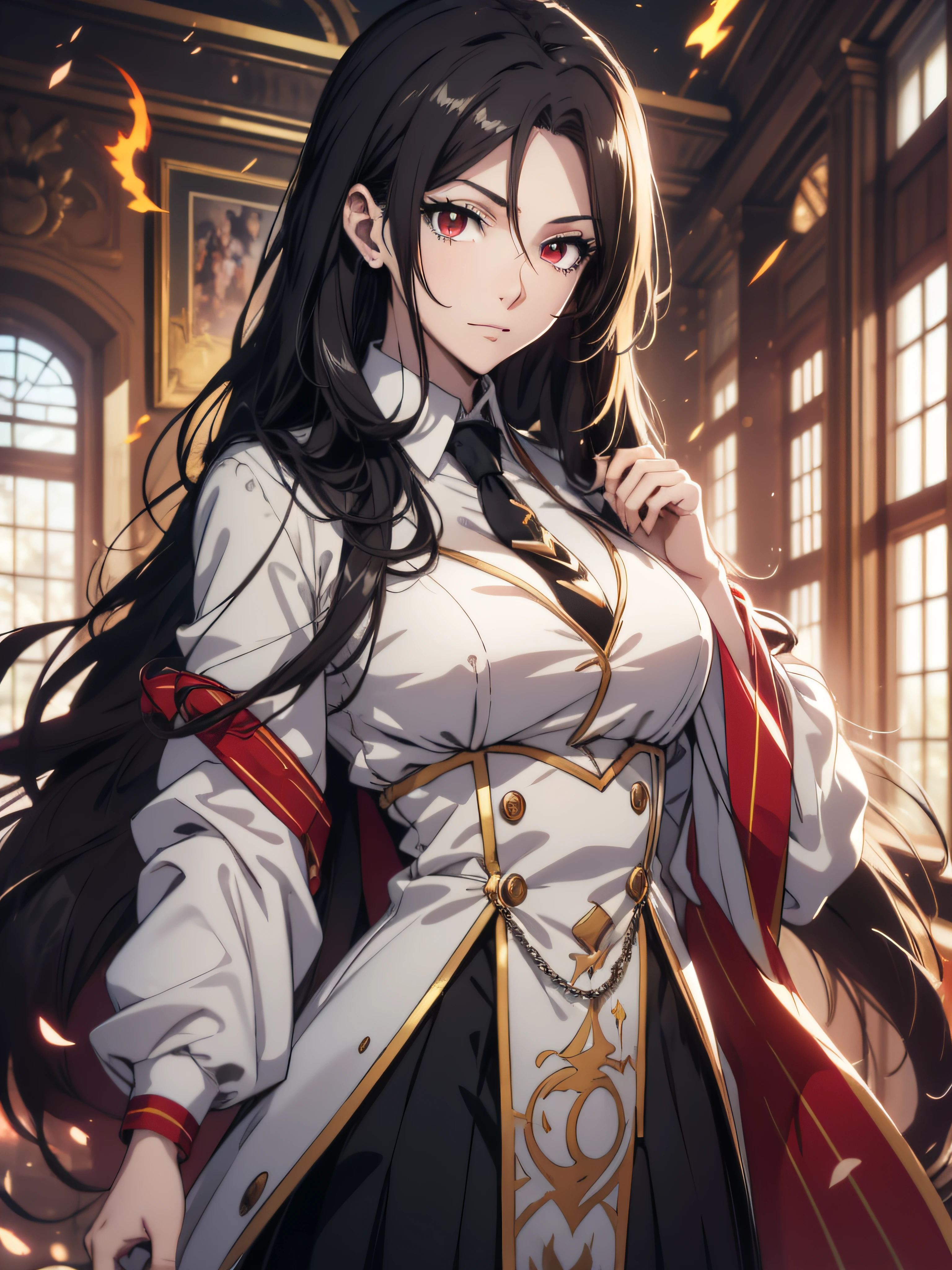 (ultra-detailed, perfect pixel, highrest, best quality), 20 years old Anime girl, smooth anime artstyle, long raven hair, slightly wavy hair, parted bangs, black hair, gradient hair color, Magus, ((red eyes)), detailed eyes, beautiful eyes, long black coat, white shirt, ((neckwear, long tie)), black skirt, aristocrat, noble attire, beautiful, ethereal, elegant, prestigious, indoor, royal, kingdom, particle effect, smooth smoke effect, fire flame, lightning, magic light, standing, looking at viewer