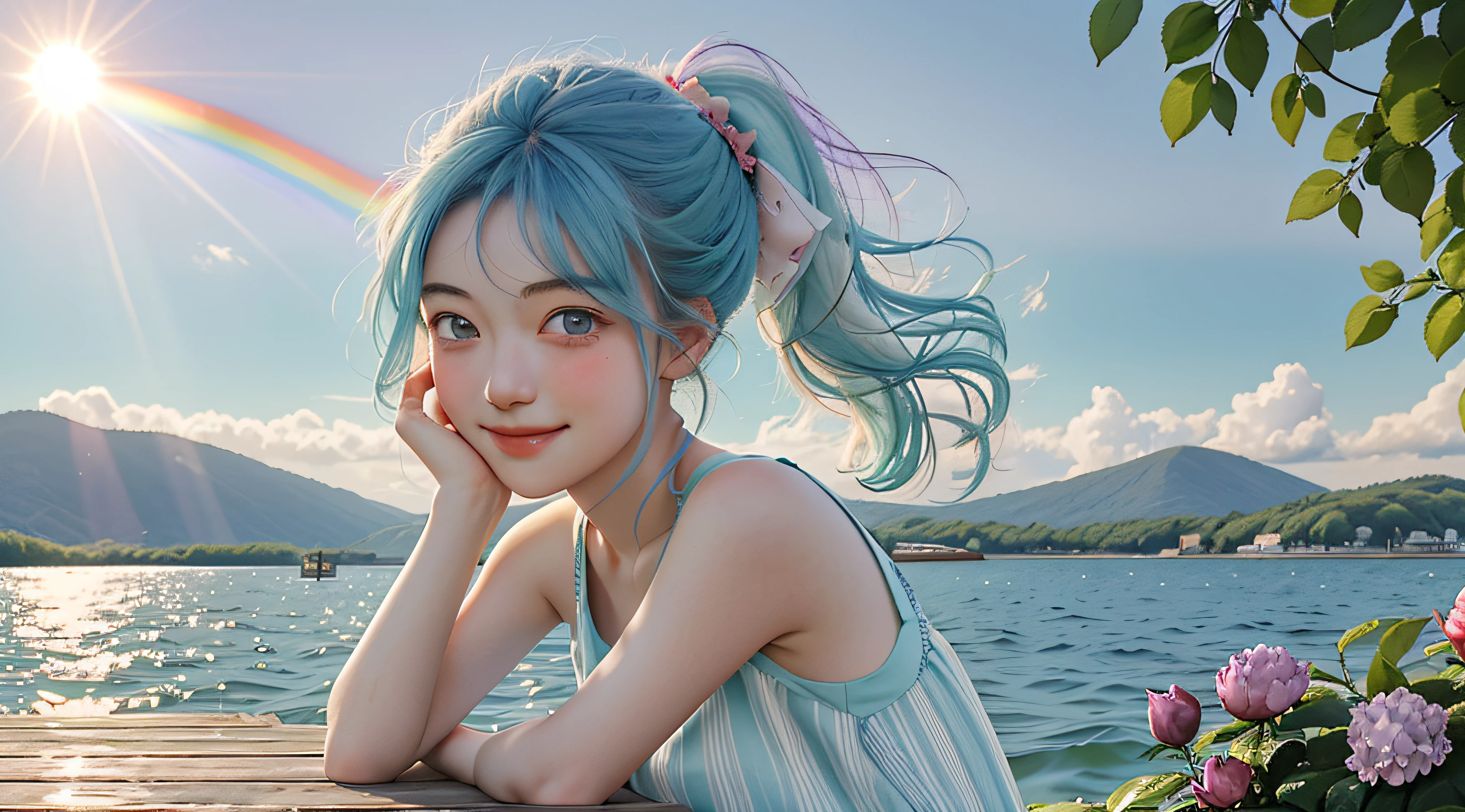 In a blue sky,There are seven rainbows of flowers in the summer daytime,and the sun was shining brightly,There is soft natural light, dingdall effect,An intimate portrait of a young girl about eighteen ,The girl's appearance is thick eyebrows,There are big watery eyes,The girl has long light blue hair,Keep Qi bangs,front ponytail,The head is wearing a cartoon rabbit ear-like ornament,She blushed,Standing on a wooden pier in a pale green dress,Next to the girl there is also a cute border collie with black and white crossed colors,A wooden pier juts out onto the tranquil lake,The girl gently closed her mouth and looked at the viewer with a smile,Place your left hand under your forehead to block out the sun,The right hand is naturally placed on the side of the thigh,A happy smile on his face。The sun casts a warm glow on the scene,Illuminates the ripples in the water,The rainbow shines with colorful light,Cast a soft shadow on the girl's face。Behind her,A sea of purple and red flowers stretches into the distance,There are peony flowers,Rosa flowers,hydrangeas,The wide variety of flowers contrasts with the pale blue sky above。Despite the tranquility of the surroundings,But there was a clear sense of joy and in the girl。