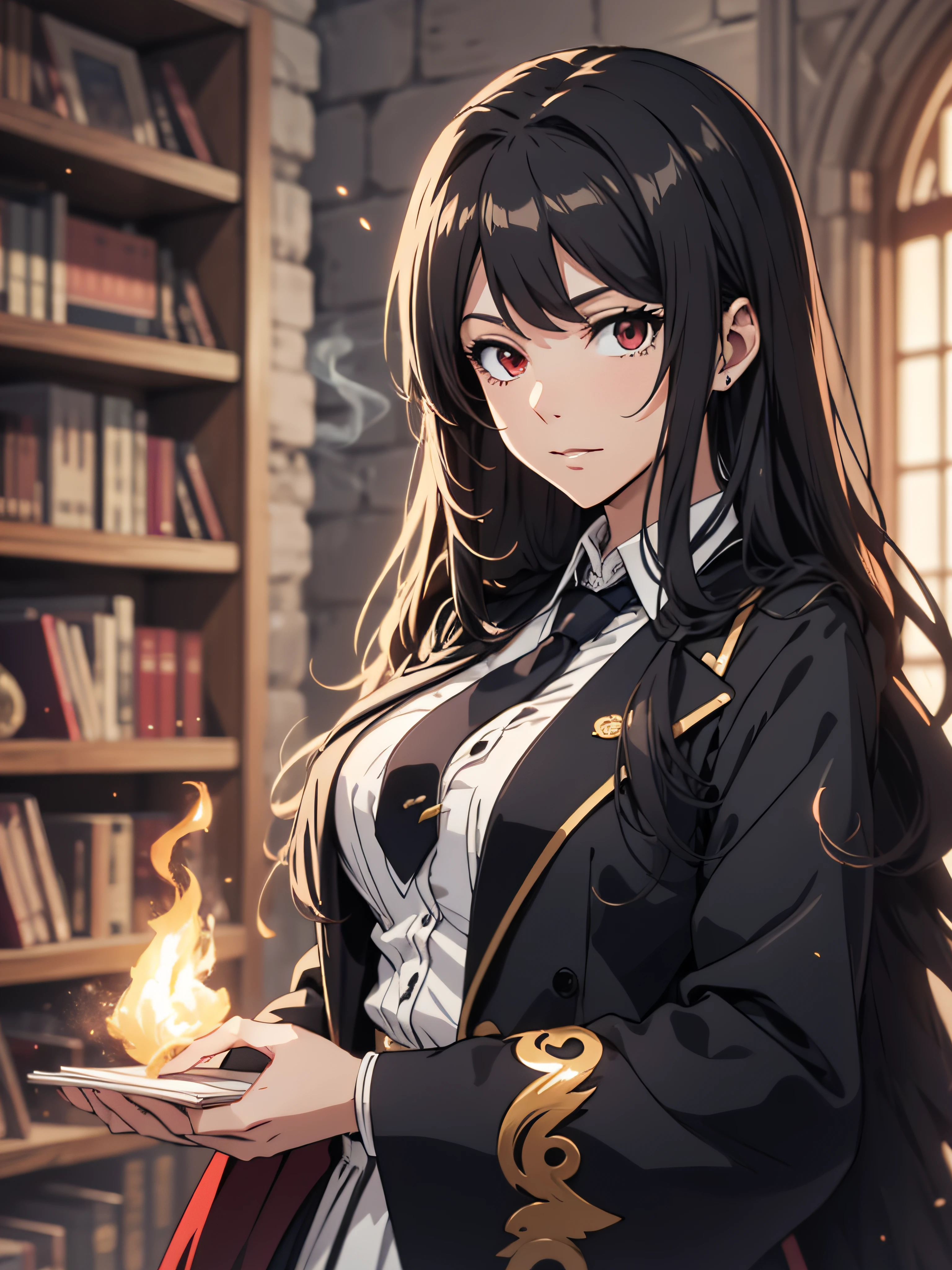 (ultra-detailed, perfect pixel, highrest, best quality), 20 years old Anime girl, smooth anime artstyle, long raven hair, slightly wavy hair, parted bangs, black hair, gradient hair color, Magus, ((red eyes)), detailed eyes, beautiful eyes, long black coat, white shirt, ((neckwear, long tie)), black skirt, aristocrat, noble attire, beautiful, ethereal, elegant, prestigious, indoor, royal, kingdom, particle effect, smooth smoke effect, fire flame, lightning, magic light, standing, looking at viewer