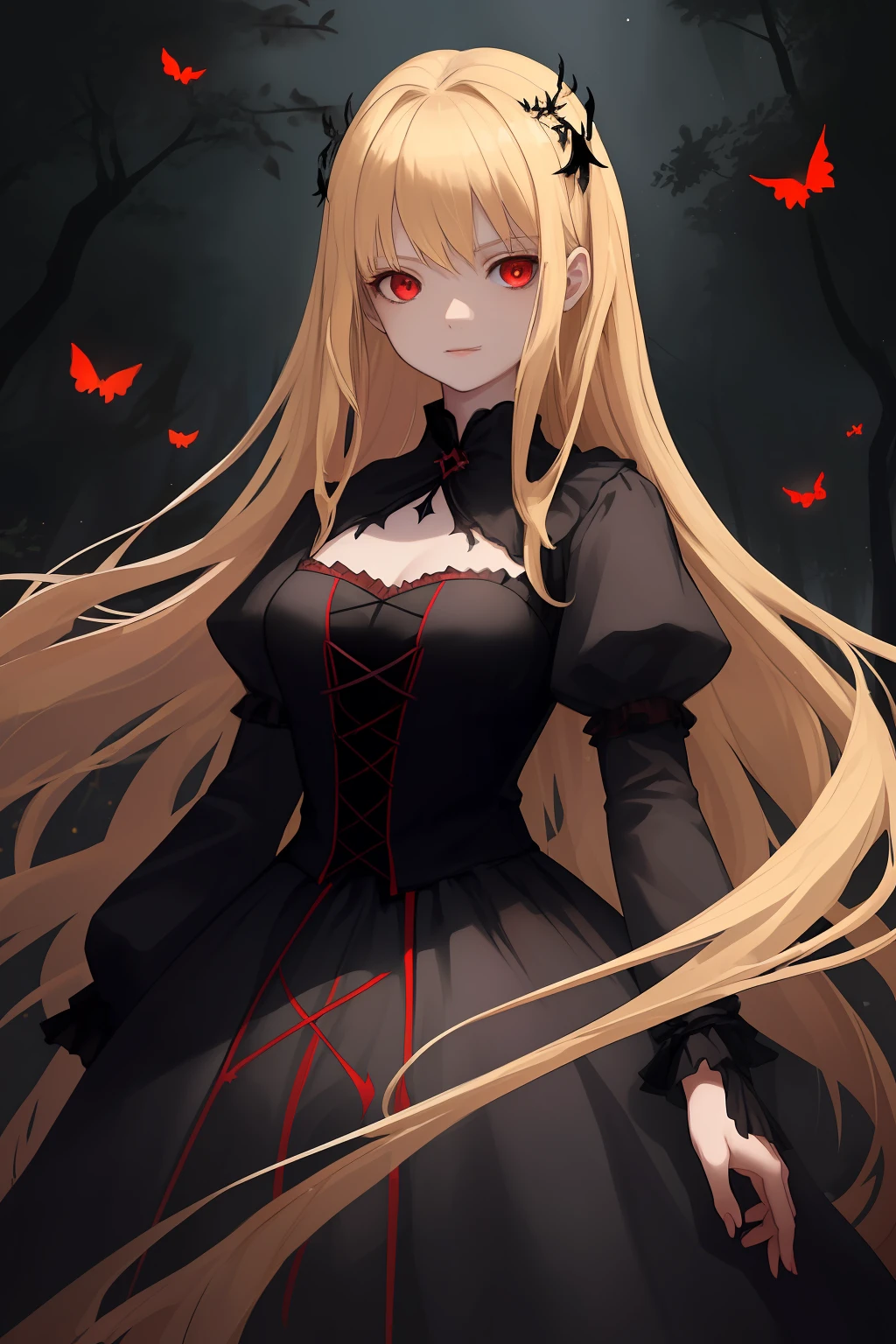 A  girl, Average height, Skinny, medium-sized breasts. blonde hair, red-eyes, pretty eyes, Detail Eyes, ssmile. The girl is wearing a black medieval dress in European style. A girl stands in a dark forest, moonlight lighting, the night, Stars. The girl is surrounded by red butterflies. magic, witchy. Detailed background, dinamic lighting, dynamicpose. Detailed outfit.