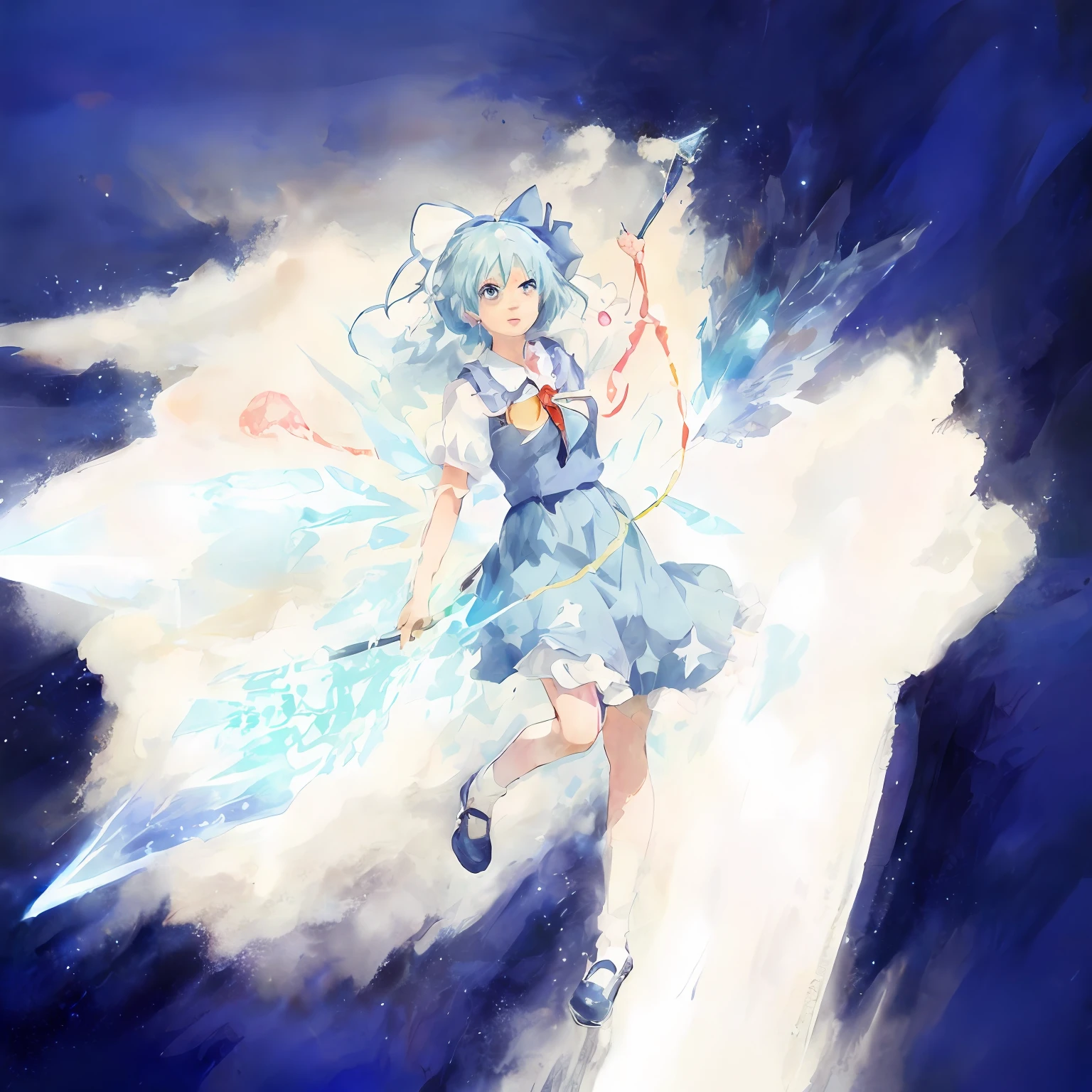 Anime girl with blue hair and blue dress flying in the air, cirno from touhou, cirno touhou, from touhou, cirno, touhou character, an anime portrait of cirno, Touhou, touhou project, sparkling magical girl, sky witch, astral fairy, ethereal anime, magical ****** girl, zerochan art, style of magical girl