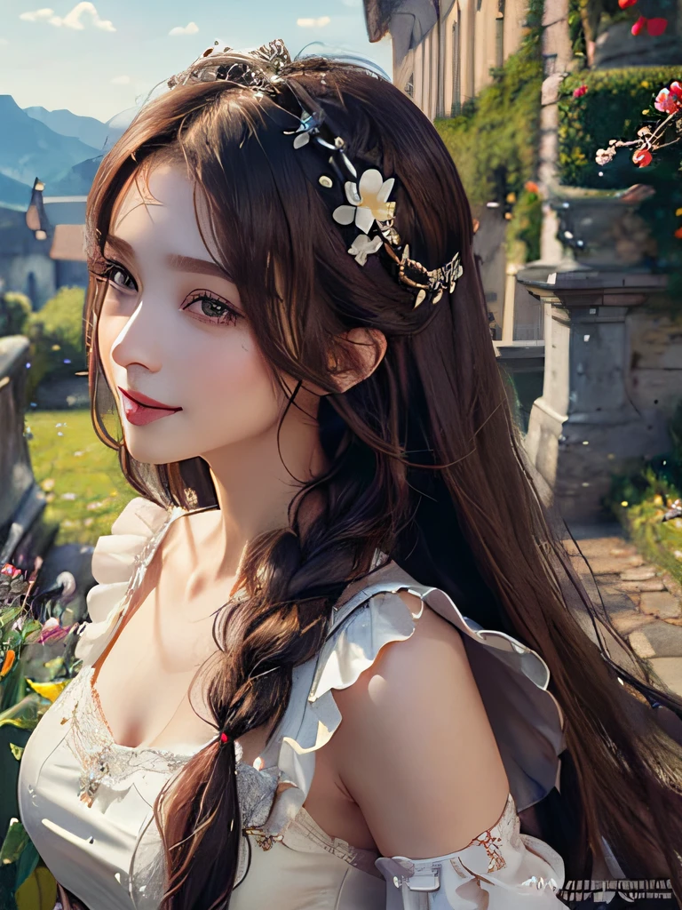 (((masterpiece))), (((best quality))), ((ultra-detailed)), ((extremely delicate and beautiful fabric)), (dark souls), (beautiful detailed woman), (long brown hair), side braid, (hair covering one eye), (brown eyes), girlfriend, excited smile, medium breasts, (white chiffon gown), red sash, beautiful details, petals, (french countryside background)