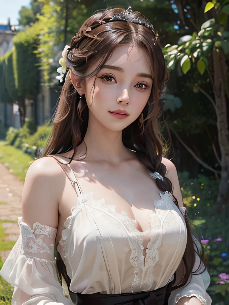 (((masterpiece))), (((best quality))), ((ultra-detailed)), ((extremely delicate and beautiful fabric)), (dark souls), (beautiful detailed woman), (long brown hair), side braid, (hair covering one eye), (brown eyes), girlfriend, excited smile, medium , (white chiffon gown), red sash, beautiful details, petals, (french countryside background)