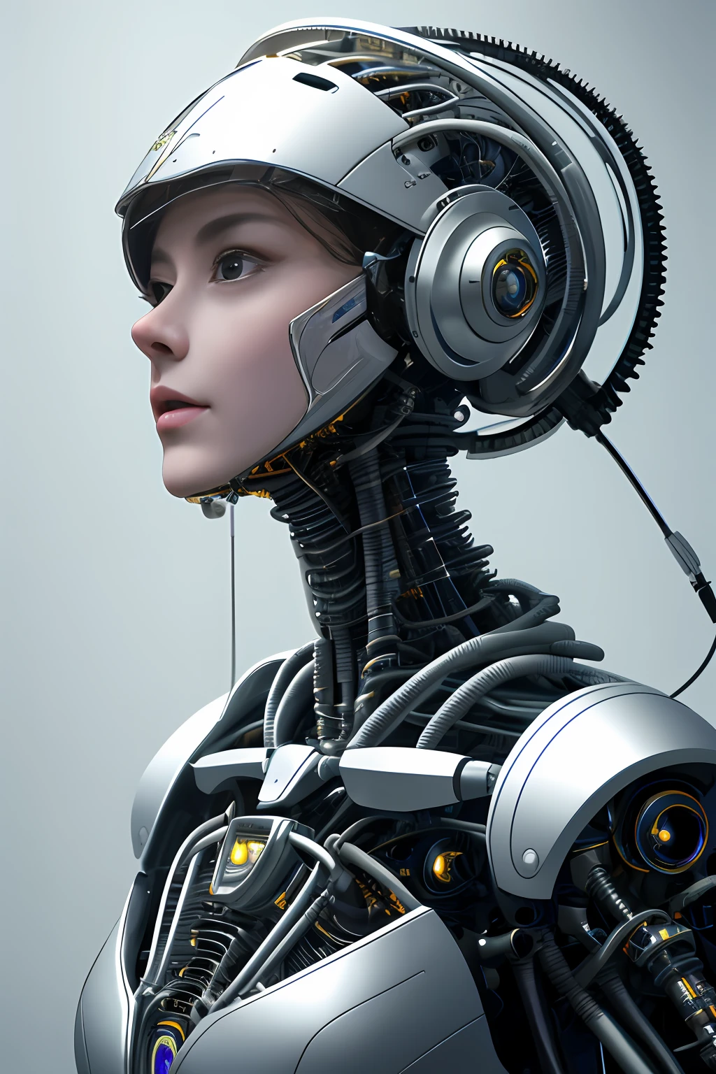 Intricate 3d rendering of highly detailed beautiful ceramic silhouette female robot face, cyborg, robot parts, 150 mm, beautiful studio soft light, rim light, vibrant details, luxury cyberpunk, lace, surreal, anatomy , Facial Muscles, Cable Wires, Microchips, Elegance, Beautiful Background, Octane Rendering, HR Giger Style, 8k, Best Quality, Masterpiece, Illustration, Very Delicate and Beautiful, Very Detailed, CG, Uniform, Wallpaper, ( fidelity, fidelity: 1.37), stunning, fine detail, masterpiece, best quality, official art, very detailed cg unity 8k wallpaper, absurd, unbelievably absurd, robot, silver helmet, full body, sit and write