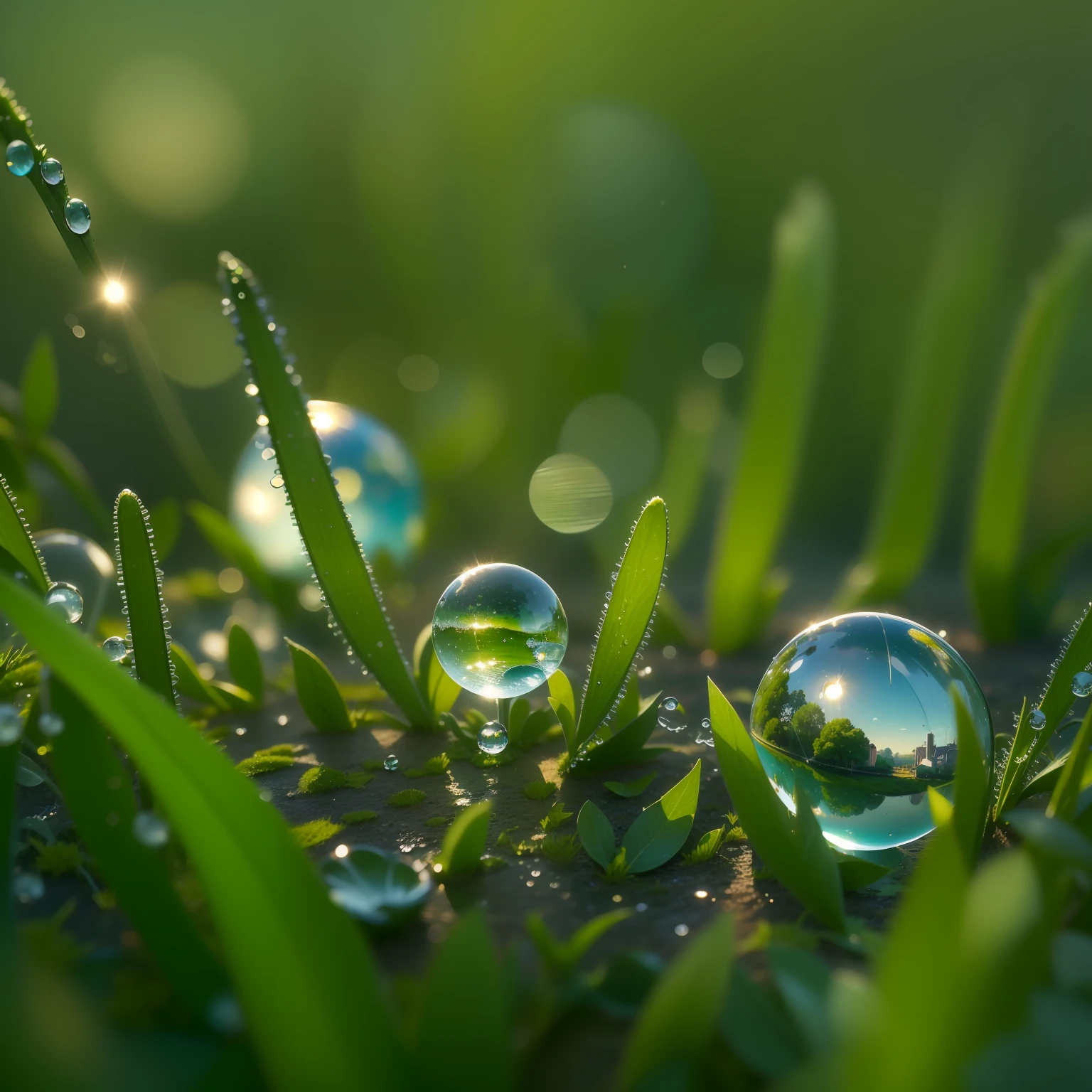 morning, Macro photo, Dew drops on the grass, ((The globe in a drop of dew)), (( The whole world is reflected in a drop)), dawning, Beautiful landscape, 真实感, hiquality, higly detailed