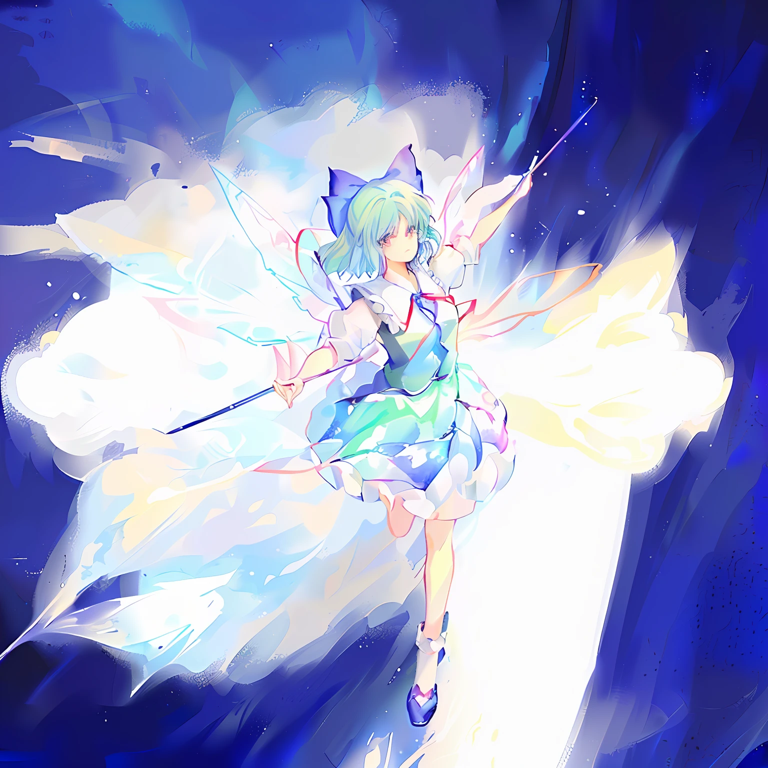 Anime girl in blue dress,Cat tail and wand, cirno touhou, cirno from touhou, cirno, from touhou, touhou character, an anime portrait of cirno, Touhou, touhou project, zerochan art, touhou project official artwork, astral fairy, magical little girl, sparkling magical girl