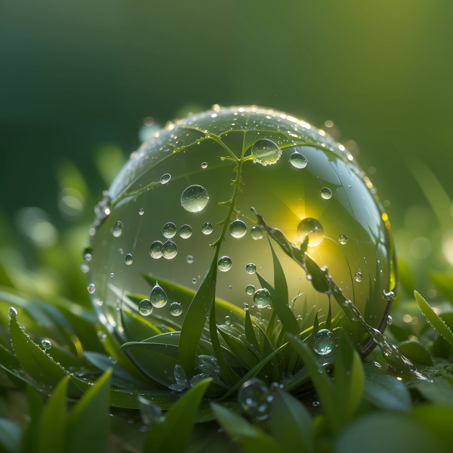 morning, Macro photo, Dew drops on the grass, ((The globe in a drop of dew)), (( The whole world is reflected in a drop)), dawning, Beautiful landscape, 真实感, hiquality, higly detailed