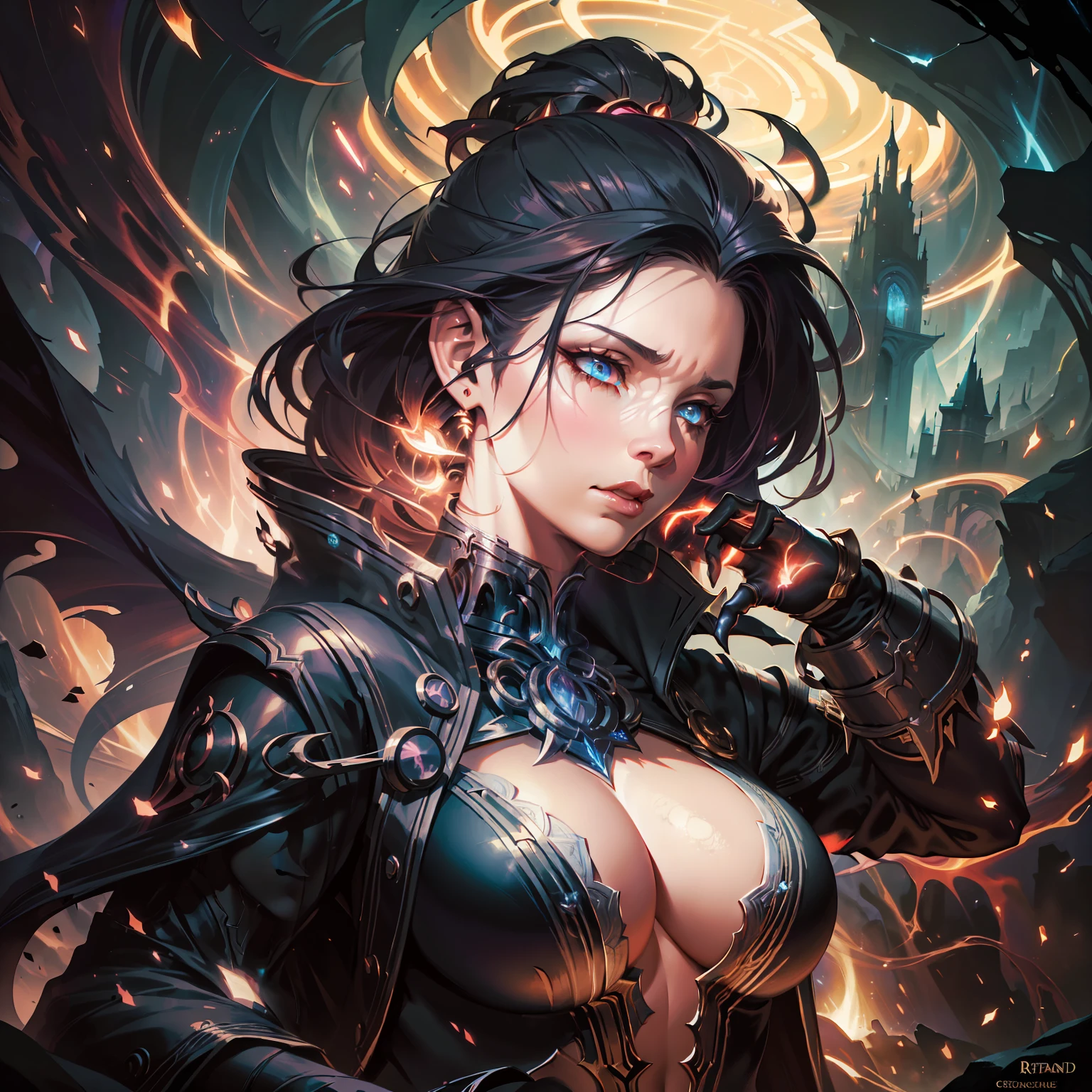 breathtaking concept art ((legendary dark mage lord)), black coat. (cave scenery), dark atmosphere, (vibrant colors), ((red sparks coming from the eyes)), eyecatching, mysterious and scary, dark fog, cave light, hd, 8k, masterpiece, trending on artstation, (depth of field), lot of details, highly detailed, style of Greg Rutkowski and Bastien Lecouffe-Deharme, award-winning, professional, highly detailed,large breasts