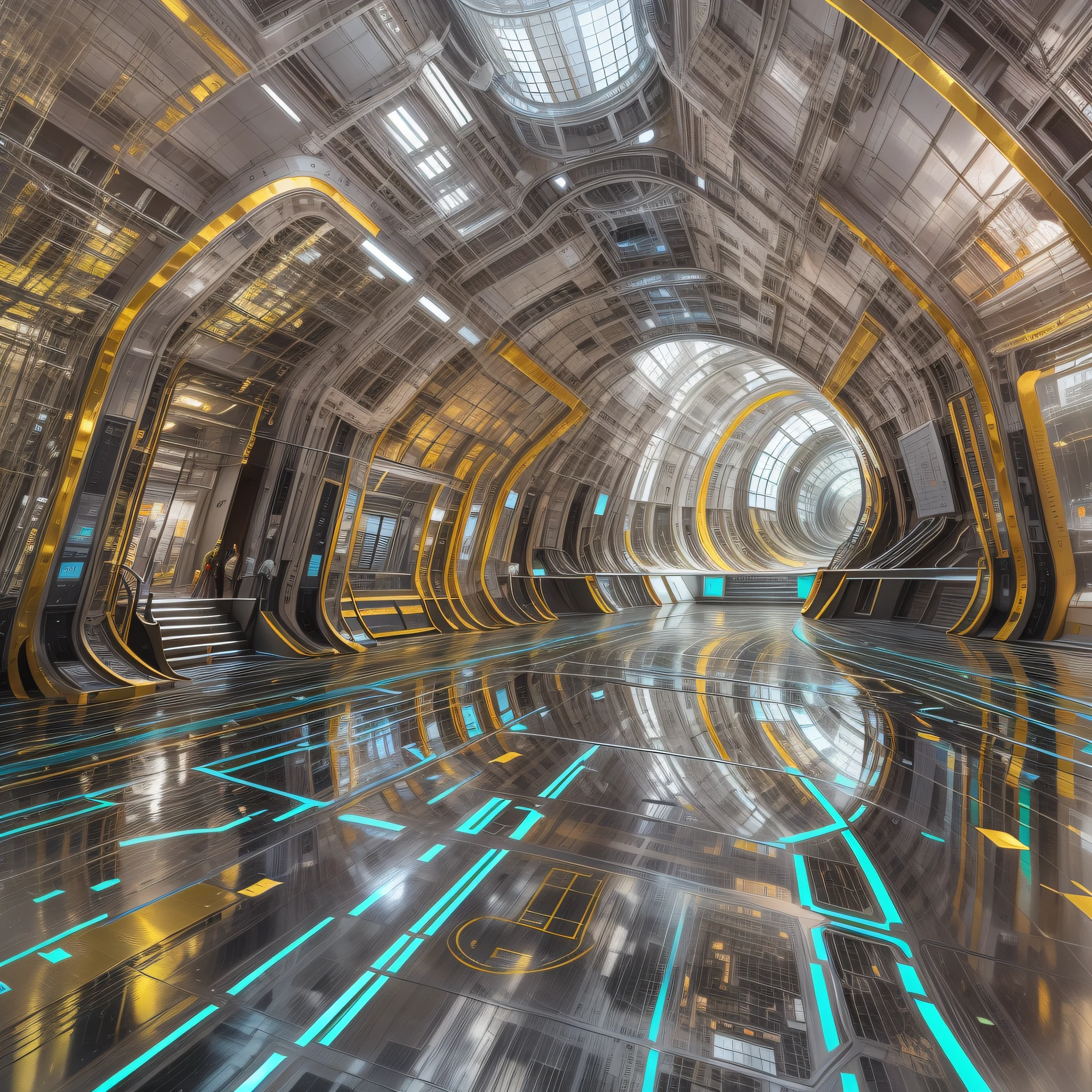 en un planeta desconocido la tripulacion de una spacecraft, Stroll through its bright pavement observing the immense buildings of great technology and fantastic design with colors of the luminous arch and abundance of silver, oro y bronce en sus edificaciones.