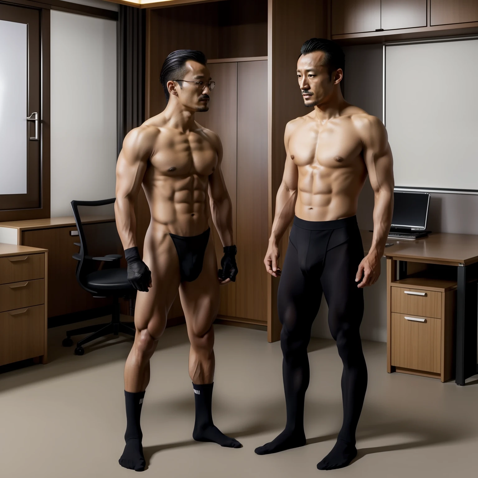 Hidetoshi Nakata ,(Kogoro Mouri 1.3),Naked,Tong,Bulge,office room,two guys,are standing,black long socks,Thin,musculature,lbeard,fortitude,artwork of a,tmasterpiece,k hd,
