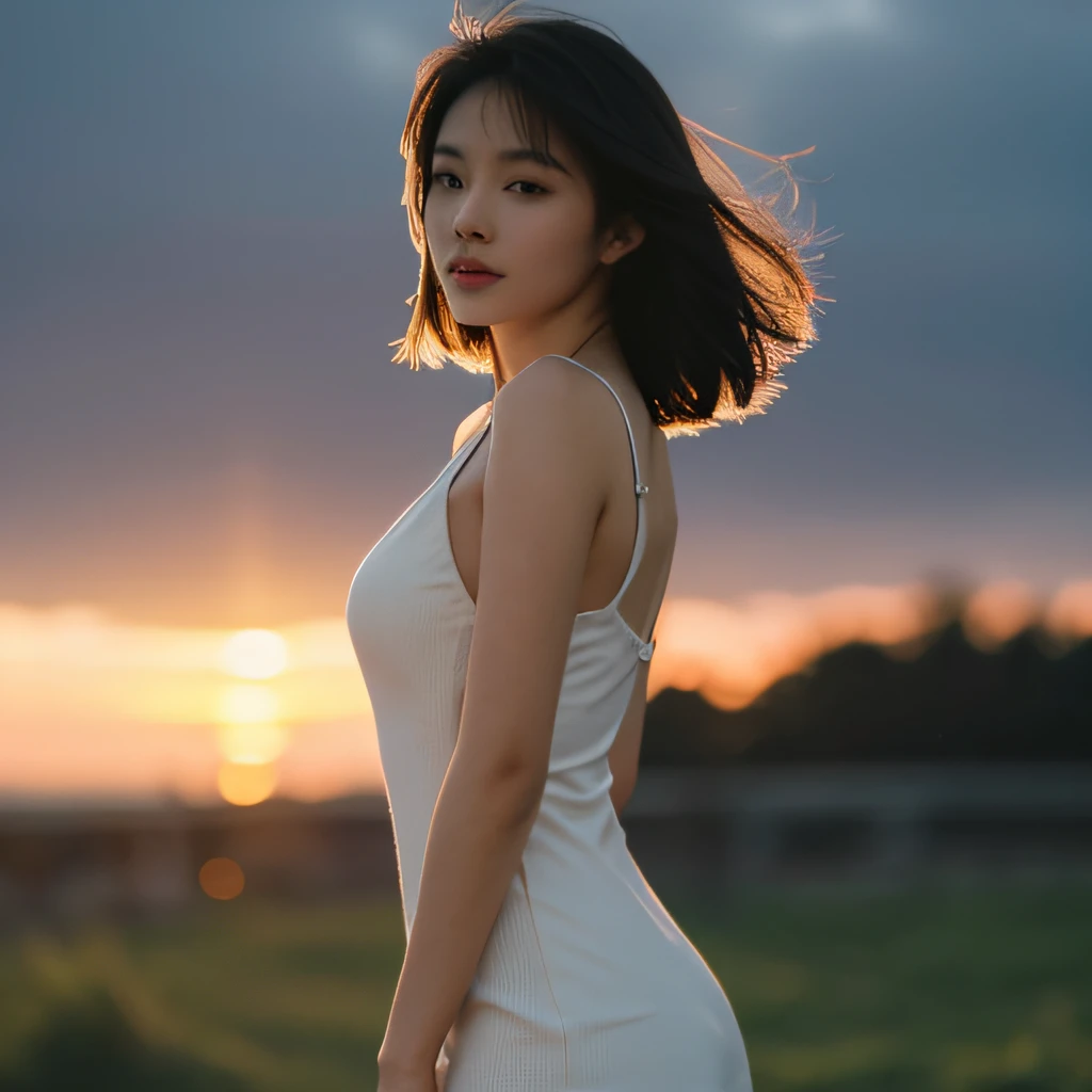 (a masterpiece), maximum quality, ultra detailed model, a beautiful delicate Asian model, tight short dress, short and beautiful hair in the wind at dusk, dynamic tones, vibrant colors, depth of field lens, soft light shining through the hair.