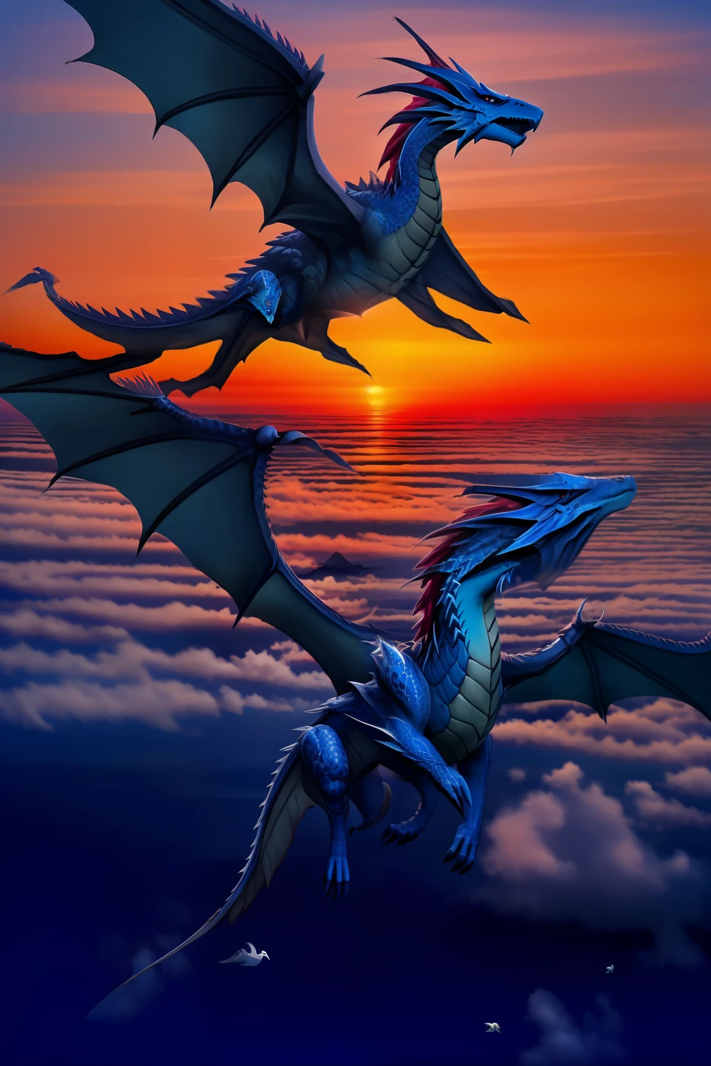 blue dragon, chifres dourados, duas asas, flying in sky, Sunset, 4k