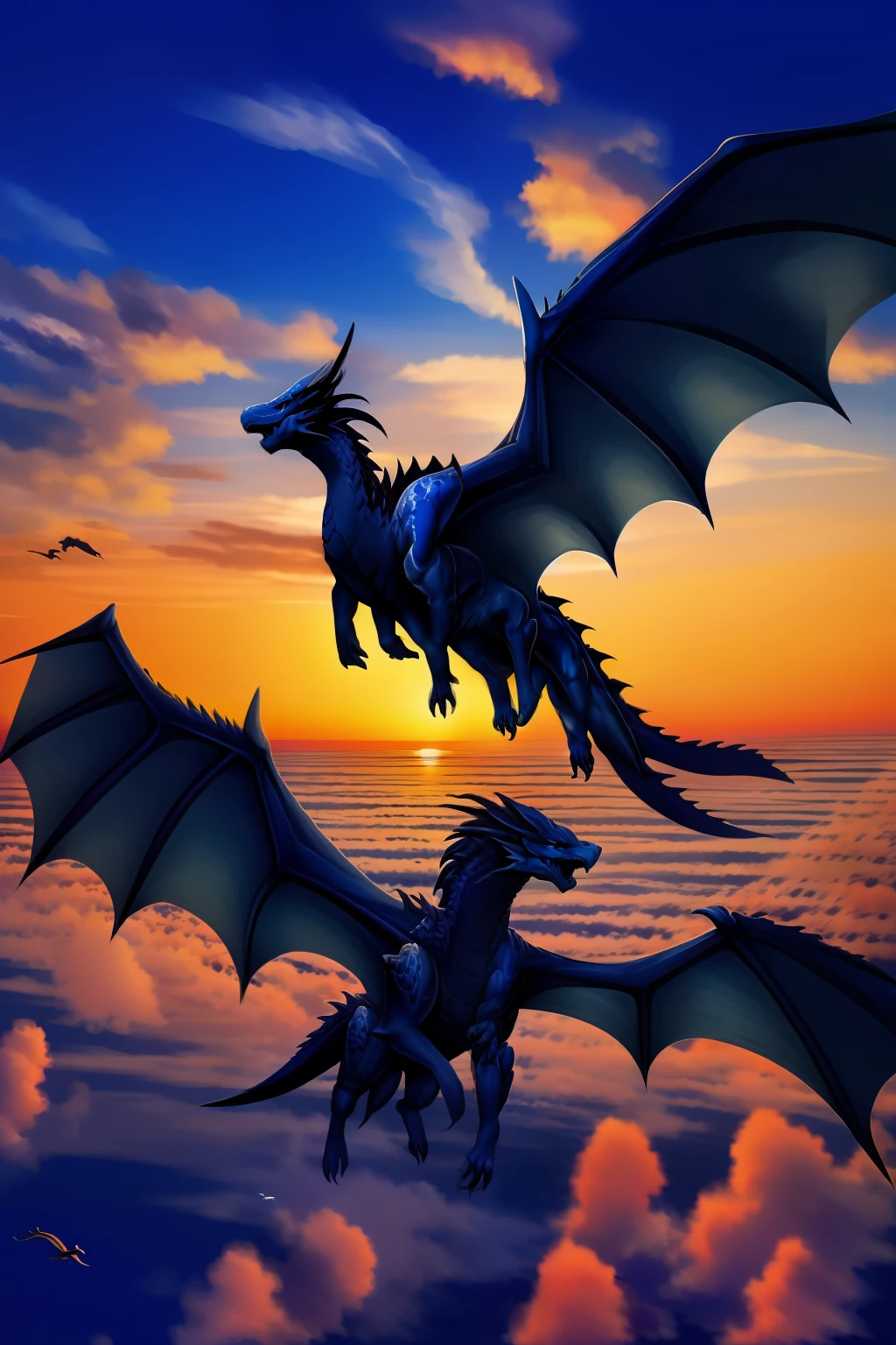 blue dragon, chifres dourados, duas asas, flying in sky, Sunset, 4k