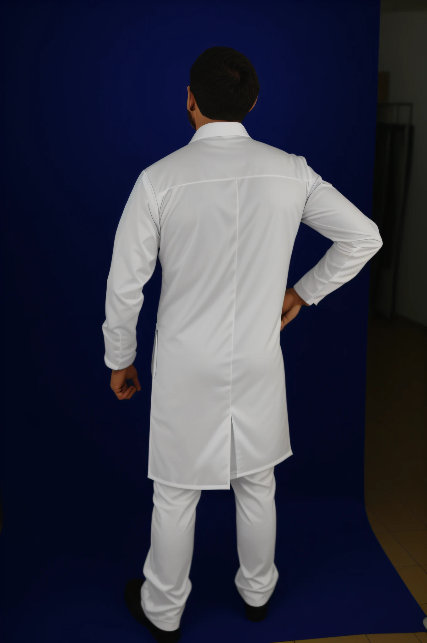 Handsome man on his back in white lab coat standing in front of a blue backdrop, distant full body view, Jaleco, back view also, rear facing, tiro traseiro centralizado de corpo inteiro, medium shot taken from behind, tiro traseiro, voltar - ver, uniforme branco, vestido thobe, Jaleco, crescimento total a partir das costas, em pleno crescimento a partir das costas
