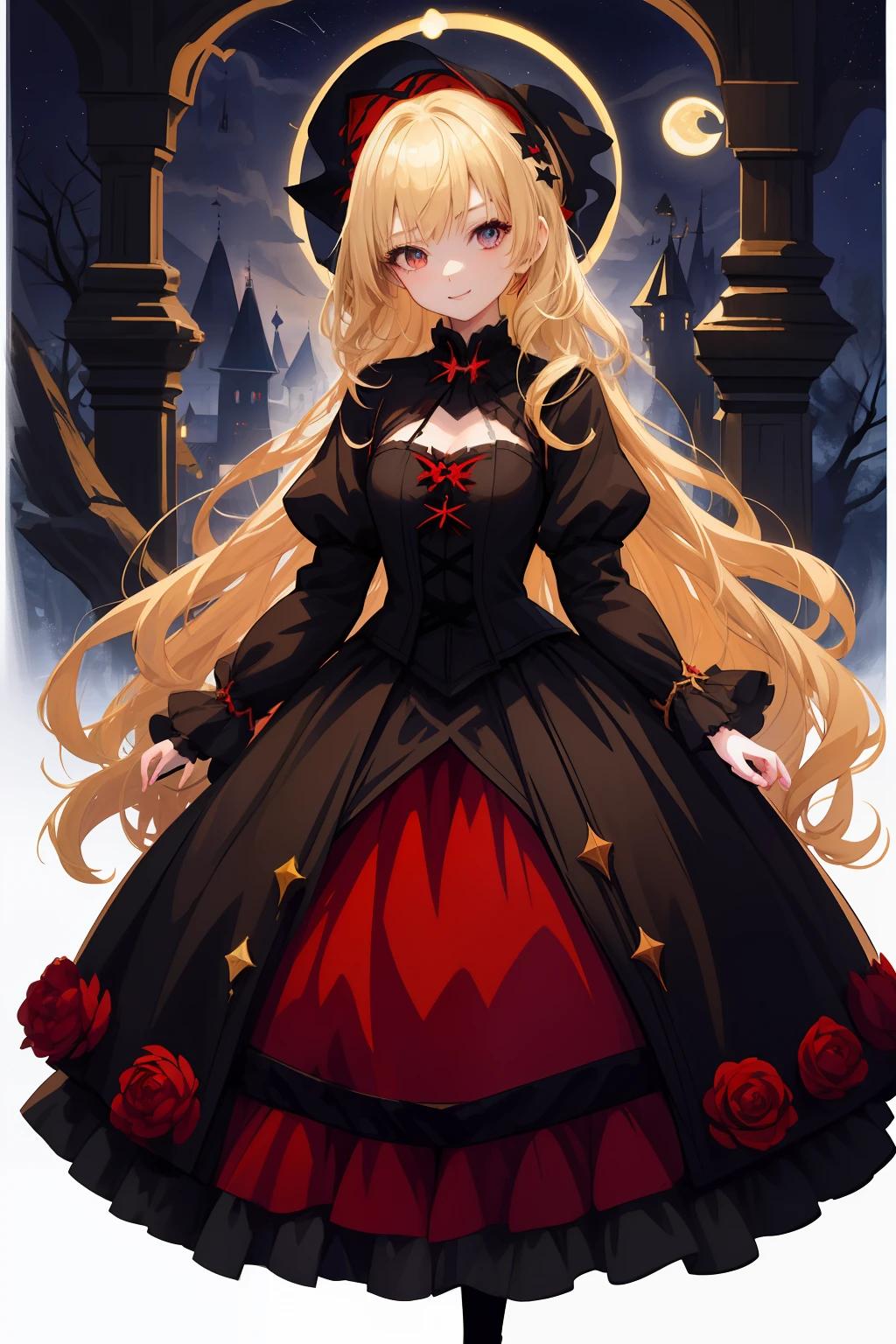A  girl, Average height, Skinny, medium-sized breasts. blonde hair, red-eyes, pretty eyes, Detail Eyes, ssmile. The girl is wearing a black medieval dress in European style. A girl stands in a dark forest, moonlight lighting, the night, Stars. The girl is surrounded by red butterflies. magic, witchy. Detailed background, dinamic lighting, dynamicpose. Detailed outfit.