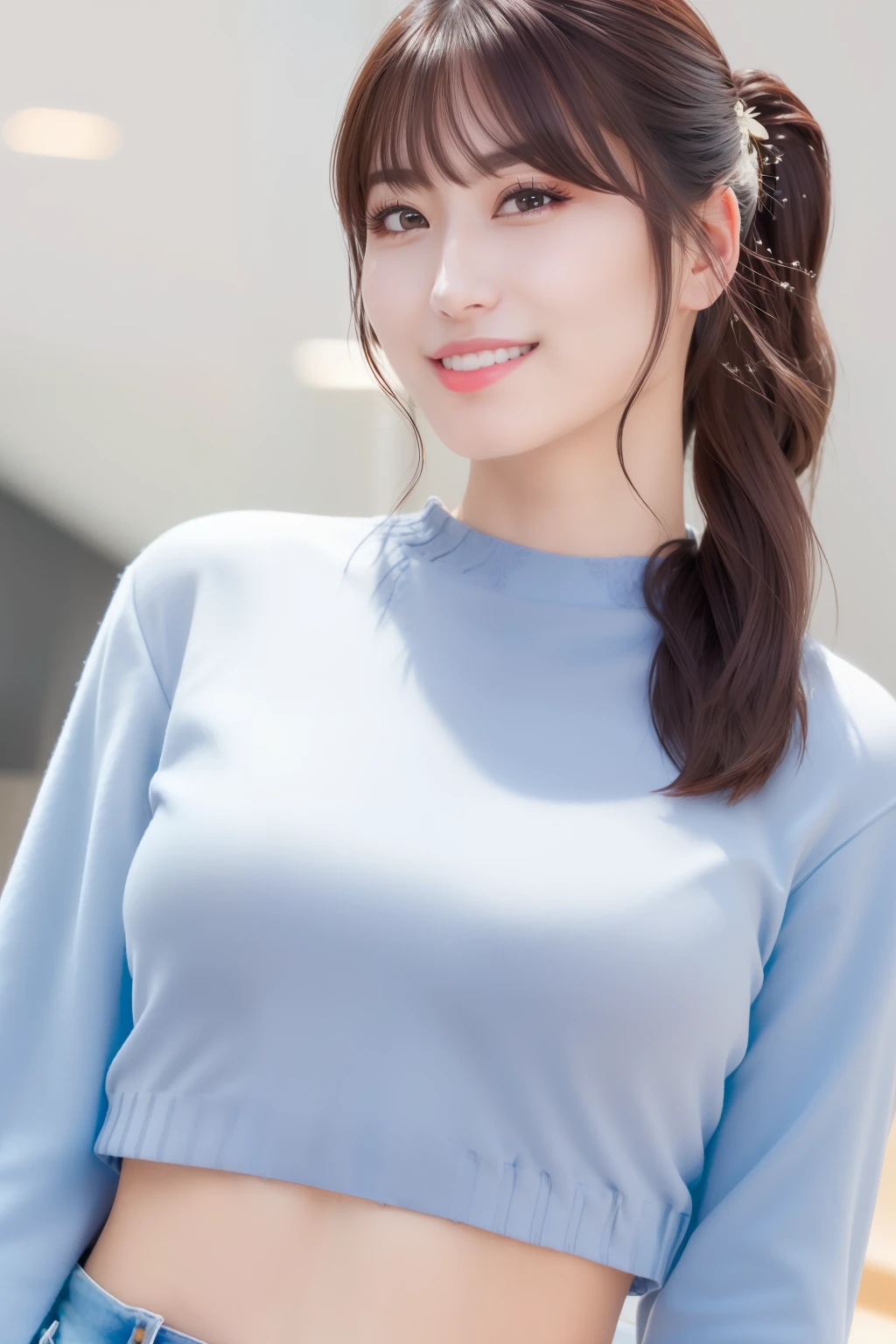 momo、((top-quality、8K、masterpiece:1.3))、1girl in、Beautiful woman with accentuated slim abs:1.3、(Casual Hairstyles、Colossal tits:1.2)、Casual clothing:1.2、interiors、Super Detail Face、Delicat eyes、二重まぶた、Soft breasts、A smile、exposing female genitalia,Just a little nipple exposure ,