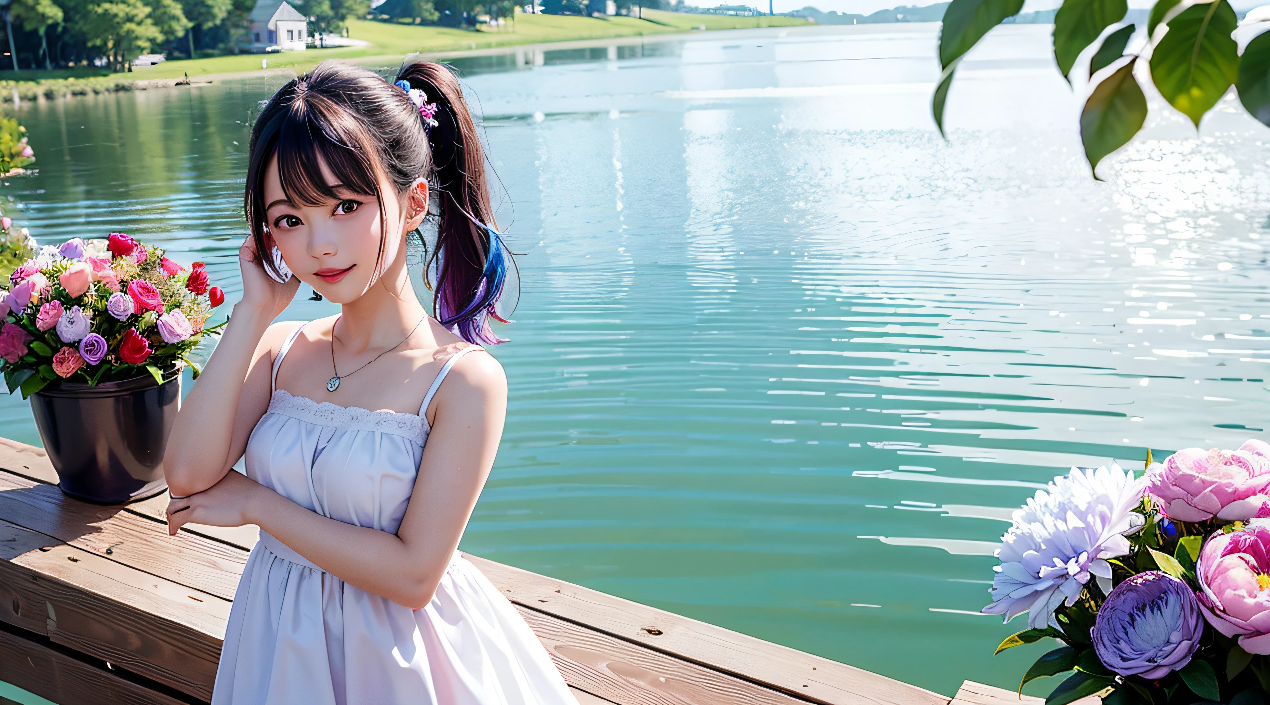 In a blue sky，There are seven rainbows of flowers in the summer daytime，and the sun was shining brightly，There is soft natural light, dingdall effect，An intimate portrait of a young girl about eighteen years old，The girl's appearance is thick eyebrows，There are big watery eyes，The girl has long light blue hair，Keep Qi bangs，front ponytail，The head is wearing a cartoon rabbit ear-like ornament，She blushed，Standing on a wooden pier in a pale green dress，Next to the girl there is also a cute big white rabbit，A wooden pier juts out onto the tranquil lake，The girl gently closed her mouth and looked at the viewer with a smile，Place your left hand under your forehead to block out the sun，The right hand is naturally placed on the side of the thigh，A happy smile on his face。The sun casts a warm glow on the scene，Illuminates the ripples in the water，The rainbow shines with colorful light，Cast a soft shadow on the girl's face。Behind her，A sea of purple and red flowers stretches into the distance，There are peony flowers，Various flowers such as rose flowers contrast with the pale blue sky above。Despite the tranquility of the surroundings，But there was a clear sense of joy and in the girl。