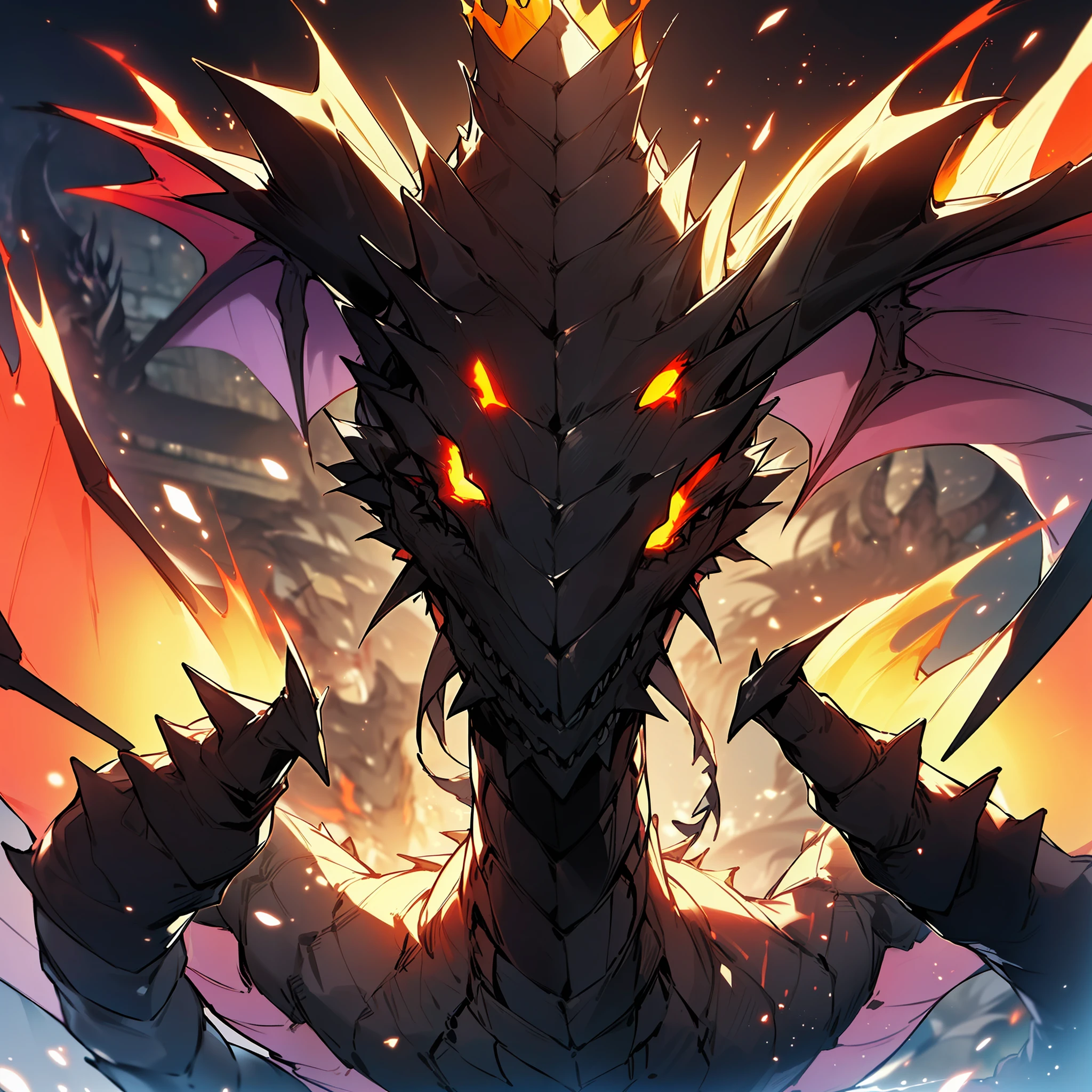 (Golden ratio:1.2),[(Black background:1.4)::10],hyper HD, retinas, Anatomically correct, Textured skin, Super detail, Best quality, A high resolution,(A huge black dragon:1.3),rathalos,(Dragon horns(The dragon horn on the left is only cut in half):1.3),(A scarred dragon(The wound is deep,Inside there is an outflow of orange-red magma):1.2)),(Magma is the blood of the black dragon:1.4),(The scar of the black dragon's wound is obsidian，Reflecting the colored sunlight:1.3),Perched in volcanic craters,(/Reminiscent of the fire dragon in Monster Hunter:1.3)/,(This is a feared legendary magic dragon,(The pitch-black rock is its armor:1 3)+(Its giant horns are reminiscent of a crown:1.3)+(Huge pitch-black dragon wings cover the sky:1.3)),