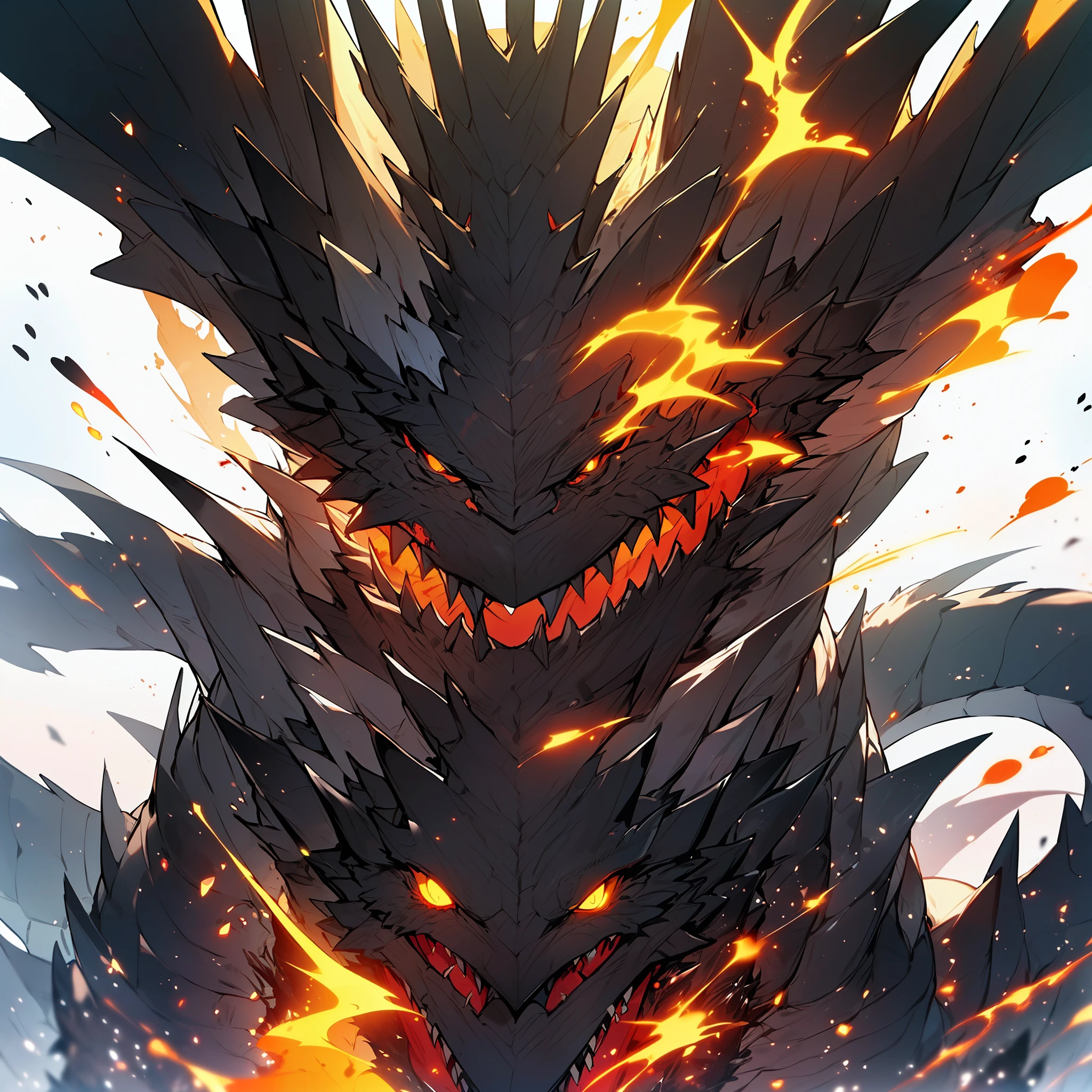 (Golden ratio:1.2),[(Black background:1.4)::10],hyper HD, retinas, Anatomically correct, Textured skin, Super detail, Best quality, A high resolution,(A huge black dragon:1.3),rathalos,(Dragon horns(The dragon horn on the left is only cut in half):1.3),(A scarred dragon(The wound is deep,Inside there is an outflow of orange-red magma):1.2)),(Magma is the blood of the black dragon:1.4),(The scar of the black dragon's wound is obsidian，Reflecting the colored sunlight:1.3),Perched in volcanic craters,(/Reminiscent of the fire dragon in Monster Hunter:1.3)/,(This is a feared legendary magic dragon,(The pitch-black rock is its armor:1 3)+(Its giant horns are reminiscent of a crown:1.3)+(Huge pitch-black dragon wings cover the sky:1.3)),
