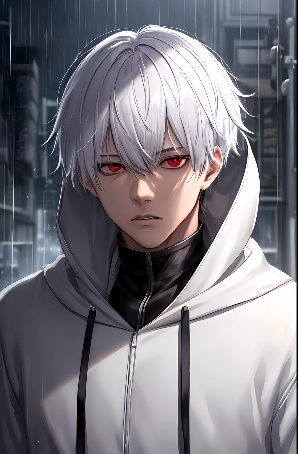 kk, best quality, more details, masterpiece, 1boy, kaneki ken, portrait, male focus, red eyes, solo, bangs, looking at viewer, hood, short hair, rain, tokyo tokyo \(city\), hood up, nail polish, white hair, luxurious, 8k, detailed, ray tracing, depth of field, cinematic lighting,
