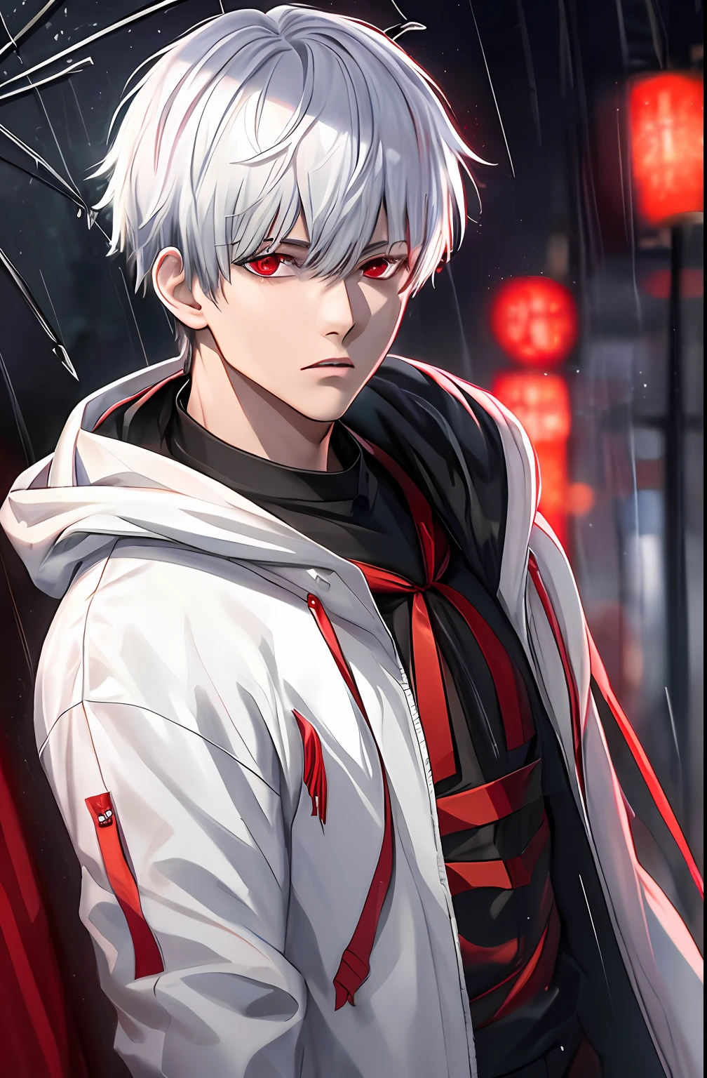 kk, best quality, more details, masterpiece, 1boy, kaneki ken, portrait, male focus, red eyes, solo, bangs, looking at viewer, hood, short hair, rain, tokyo tokyo \(city\),  hood up, nail polish, white hair, luxurious, 8k, detailed, ray tracing, depth of field, cinematic lighting,