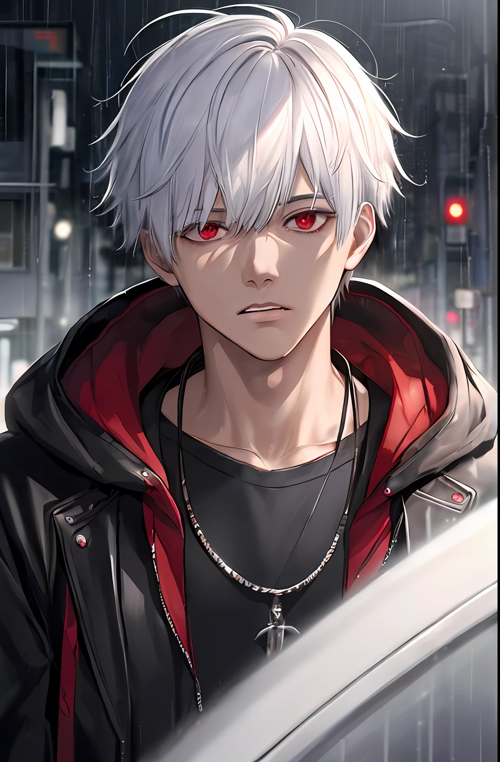 kk, best quality, more details, masterpiece, 1boy, kaneki ken, portrait, male focus, red eyes, solo, bangs, looking at viewer, hood, short hair, rain, tokyo tokyo \(city\), hood up, nail polish, white hair, luxurious, 8k, detailed, ray tracing, depth of field, cinematic lighting,