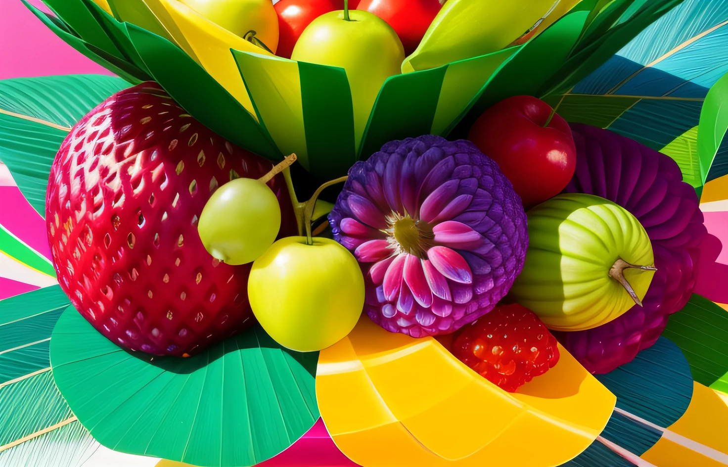 "Carmem Miranda: A modern interpretation of the iconic fruit costume, exuberante paisagem tropical de fundo, cores vibrantes, Estilo de dia de foto, filtro embutido"