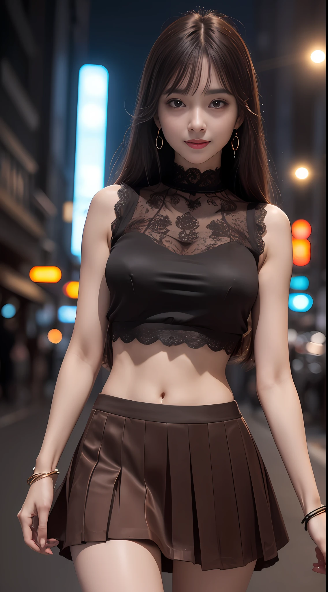 8k, masterpiece, RAW photo, best quality, photorealistic, extremely detailed CG unity 8k wallpaper, Depth of field, Cinematic Light, Lens Flare, Ray tracing, (extremely beautiful face, beautiful lips, beautiful eyes), intricate detail face, ((ultra detailed skin)) 1girl, in the dark, deep shadow, pretty korean girl, kpop idol,(very slim slender fit-muscled body:1.3), ((looking at viewer)),(big smile:1.3), (tight mini skirt, sleeveless), (fashion city night, (neon sign), (big building), fashion street night),(no people), (without people in the background:1.3), pretty korean girl, white diamond earrings, dia bracelets, dia necklace, pantyhose, clear eyes, walking , front shot, (pale skin), face forward, (big eyes), ((upper body shot)), ((silk Laced)), ((black, chocolate color skirt:1.3)), (brown hairs) (looking at viewer:1.3), (see through blouse), (laced panty), open breast, very slim, medium breasts, have a sheen nipples