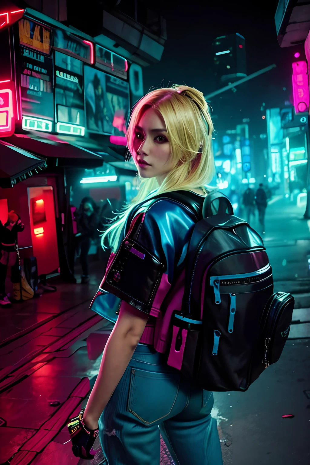 Mujer rubia guapacon mochila caminando por la calle por la noche, en Cyberpunk City, Estilo cyberpunk hiperrealista, en estilo cyberpunk, en una ciudad cyberpunk, Ambiente cyberpunk, tiene estilo cyberpunk, Ross Tran 8 K, Foto cyberpunk, Cyberpunk Streetwear, aesthetic cyberpunk, dreamy cyberpunk girl, Cyberpunk hermosa chica, In cyberpunk aesthetics, Estilo cyberpunk silenciado, cyberpunk with neon lighting. Ropa elegante Versace Armani Zara Levis, chaqueta, jeans
