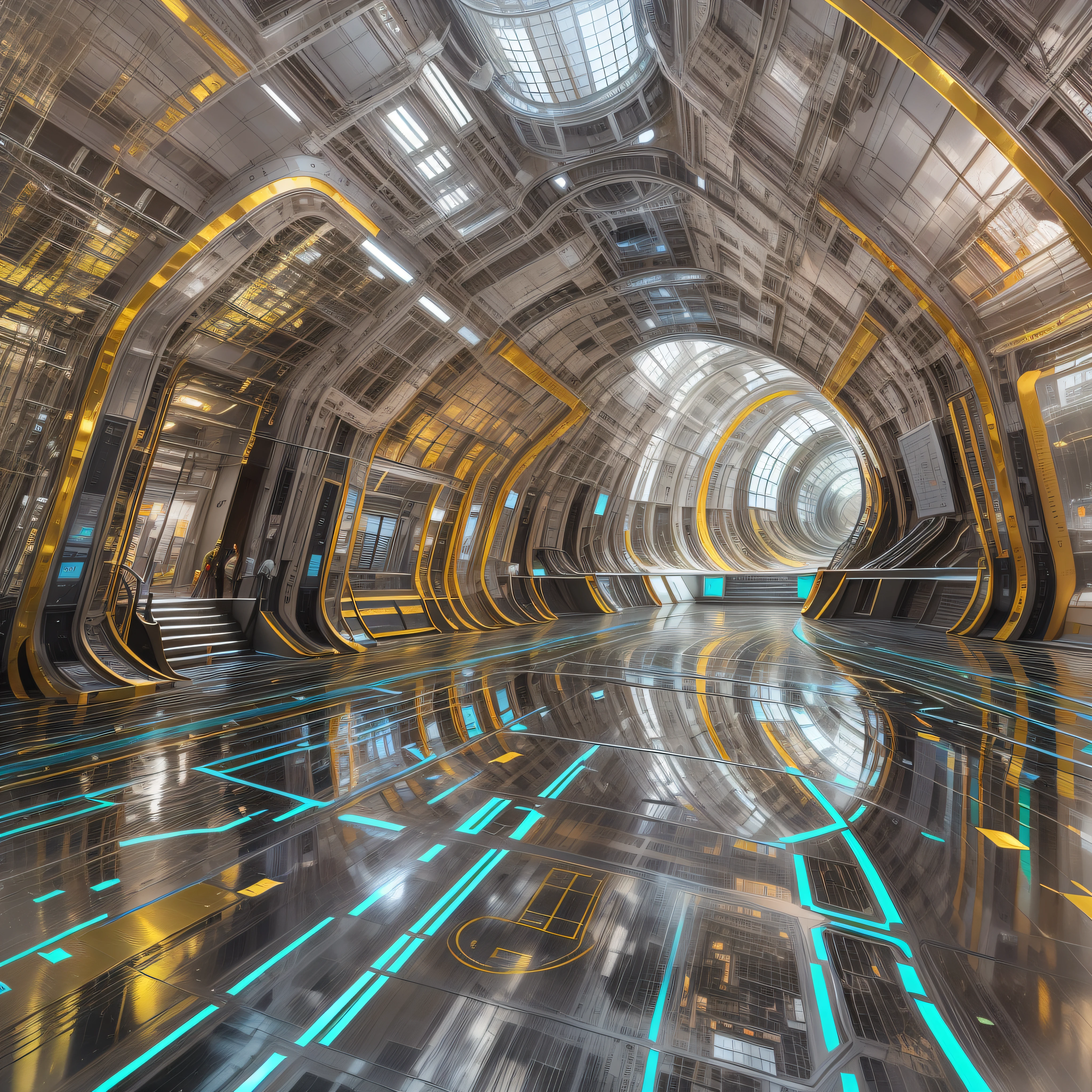en un planeta desconocido la tripulacion de una spacecraft, Stroll through its bright pavement observing the immense buildings of great technology and fantastic design with colors of the luminous arch and abundance of silver, oro y bronce en sus edificaciones.