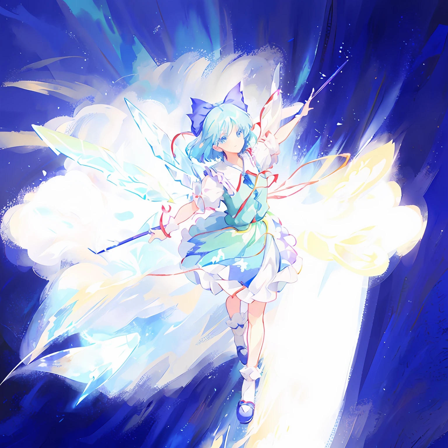 Anime girl with blue hair and white dress flying in the air, cirno touhou, cirno from touhou, from touhou, touhou character, cirno, Touhou, touhou project, an anime portrait of cirno, magical , touhou project official artwork, zerochan art, astral fairy, Digital art on Pixiv