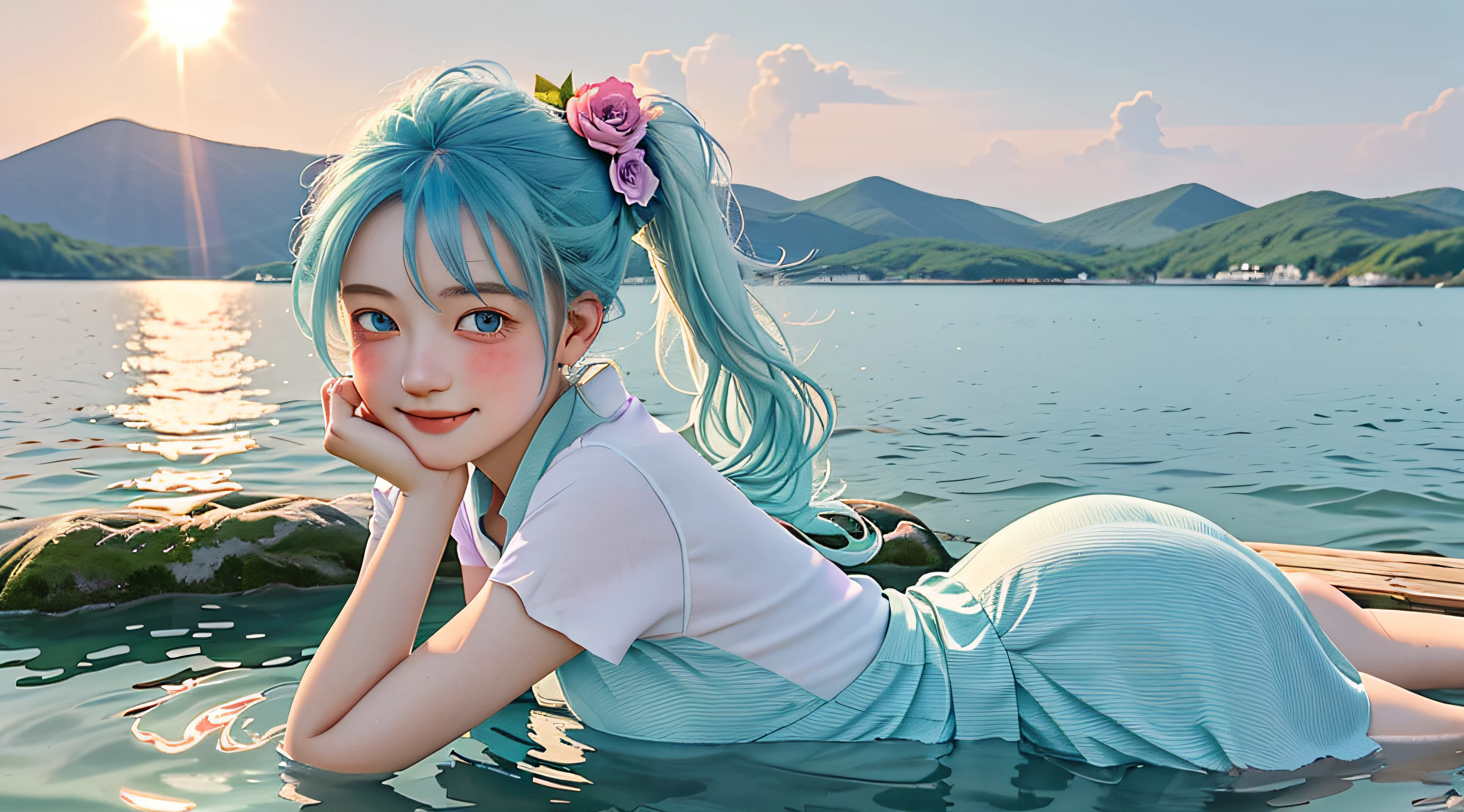 In a blue sky,There are seven rainbows of flowers in the summer daytime,and the sun was shining brightly,There is soft natural light, dingdall effect,An intimate portrait of a young girl about eighteen years old,The girl's appearance is thick eyebrows,There are big watery eyes,The girl has long light blue hair,Keep Qi bangs,front ponytail,The head is wearing a cartoon rabbit ear-like ornament,She blushed,Standing on a wooden pier in a pale green dress,Next to the girl there is also a cute big white rabbit,A wooden pier juts out onto the tranquil lake,The girl gently closed her mouth and looked at the viewer with a smile,Place your left hand under your forehead to block out the sun,The right hand is naturally placed on the side of the thigh,A happy smile on his face。The sun casts a warm glow on the scene,Illuminates the ripples in the water,The rainbow shines with colorful light,Cast a soft shadow on the girl's face。Behind her,A sea of purple and red flowers stretches into the distance,There are peony flowers,Various flowers such as rose flowers contrast with the pale blue sky above。Despite the tranquility of the surroundings,But there was a clear sense of joy and in the girl。