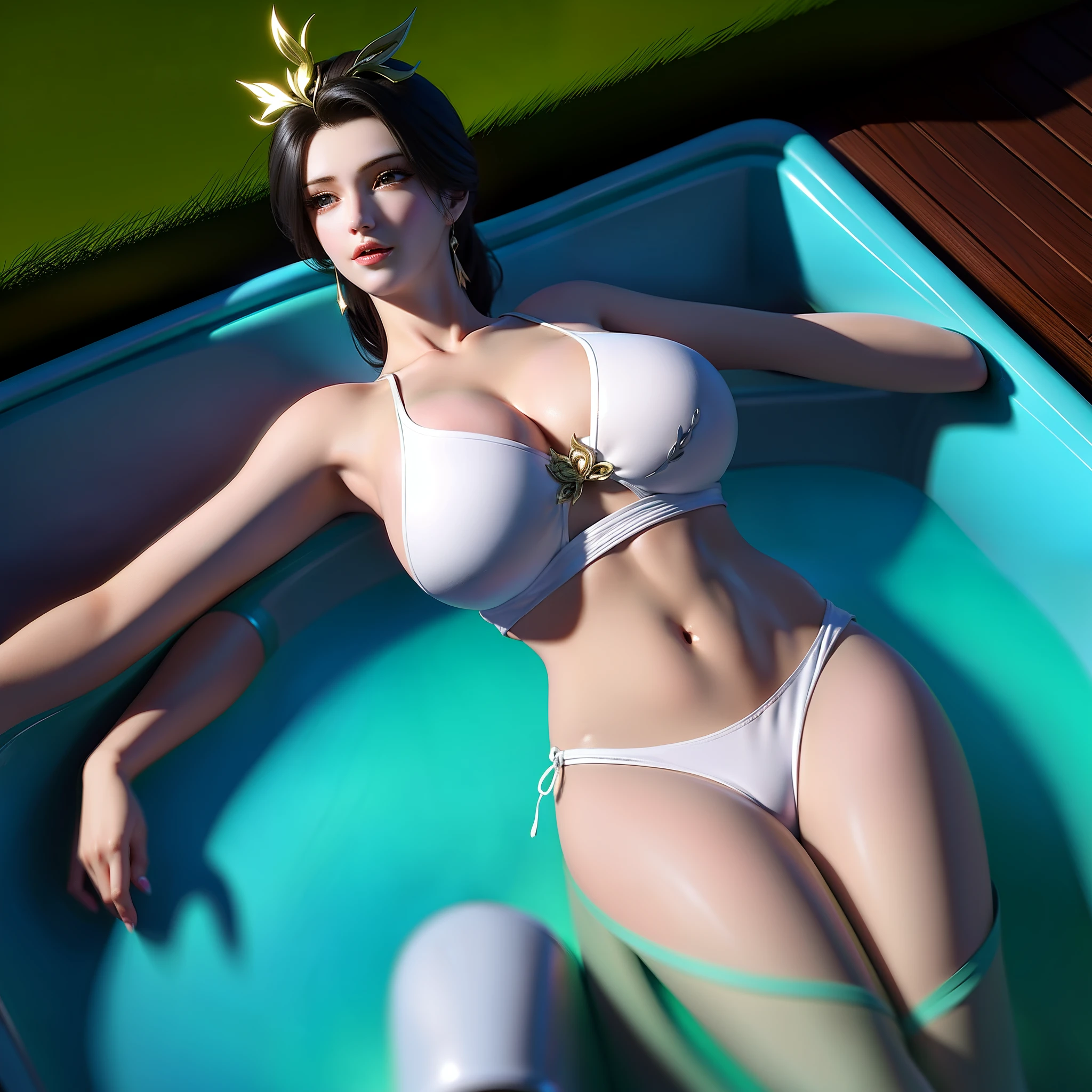 tmasterpiece,best qualtiy,one-girl,Wearing a white bikini,In a very spacious and bright interior,Half lying in the water,bathe,It's all around,looking to the camera,(huge tit),Three-dimensional feeling,Higher brightness，Natural soft light，Backlight，Graphics card rendering，color difference,Ultra-detailed details，Highest high resolution，closeup of face,Very real